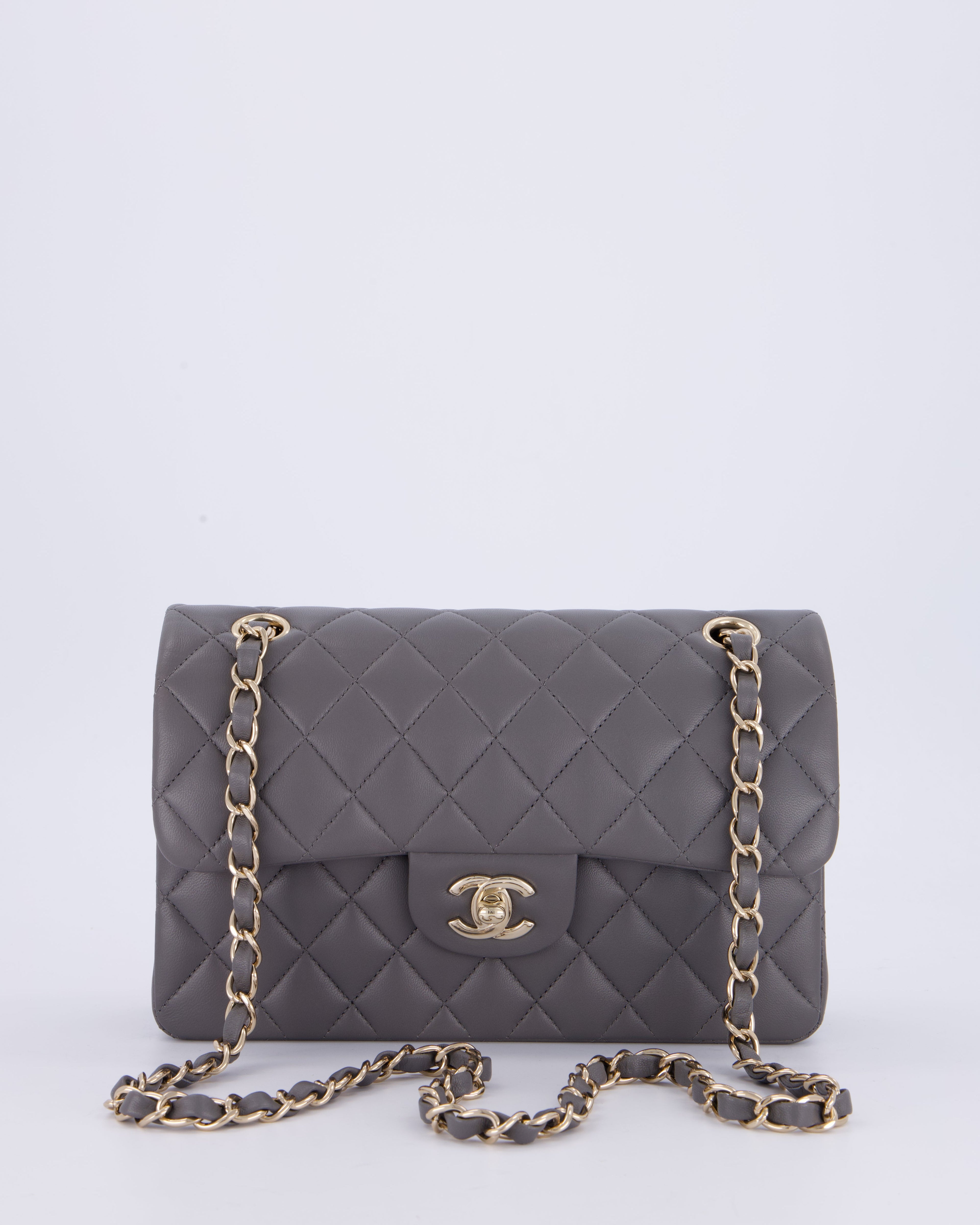 Chanel Dark Grey Small Classic Double Flap Bag in Lambskin Leather with Champagne Gold Hardware