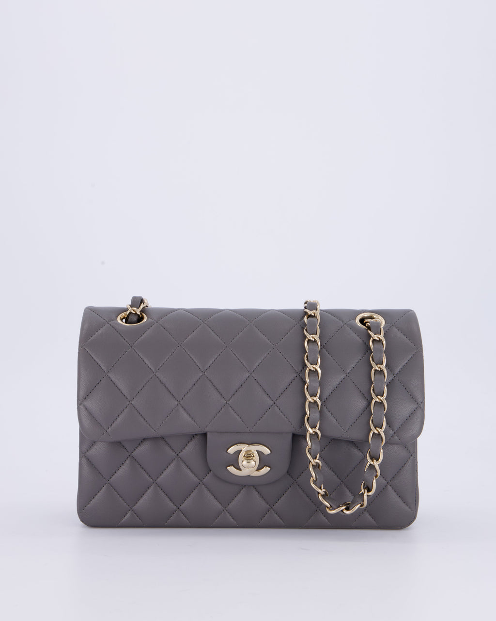 Chanel Dark Grey Small Classic Double Flap Bag in Lambskin Leather with Champagne Gold Hardware