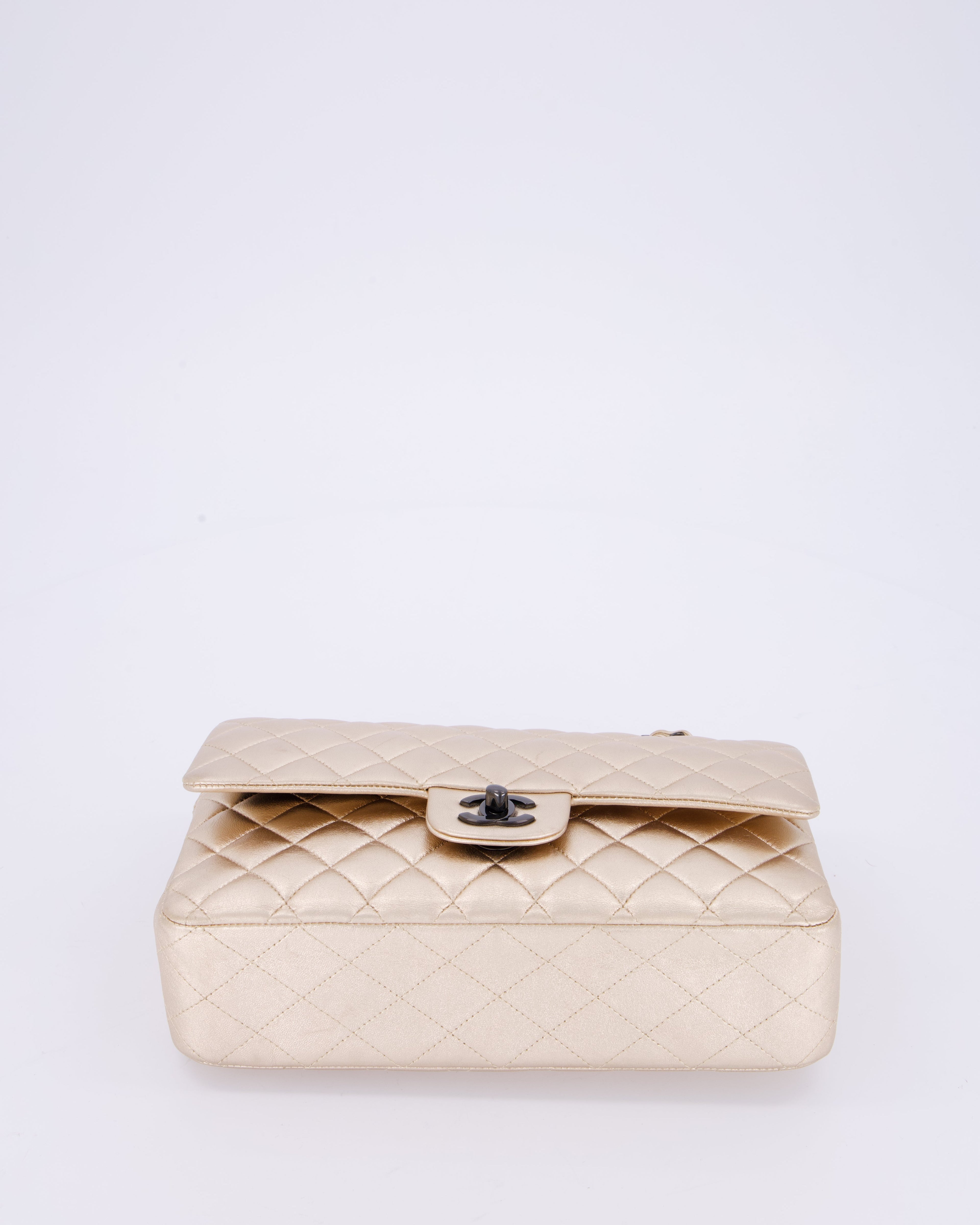 *RARE* Chanel Metallic Gold Medium Classic Double Flap Bag in Lambskin Leather with So Black Hardware