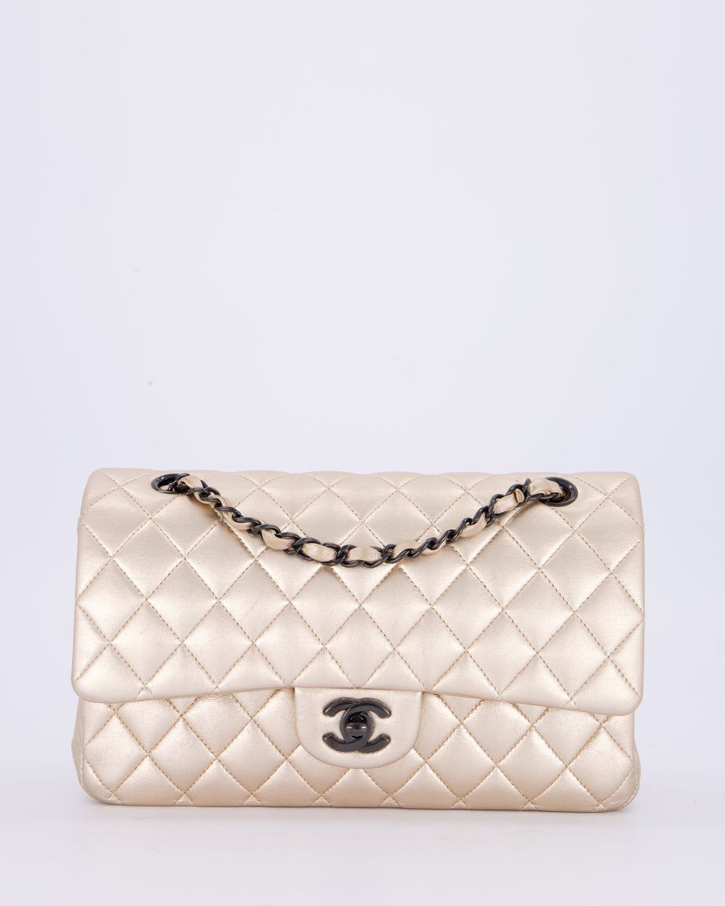 *RARE* Chanel Metallic Gold Medium Classic Double Flap Bag in Lambskin Leather with So Black Hardware