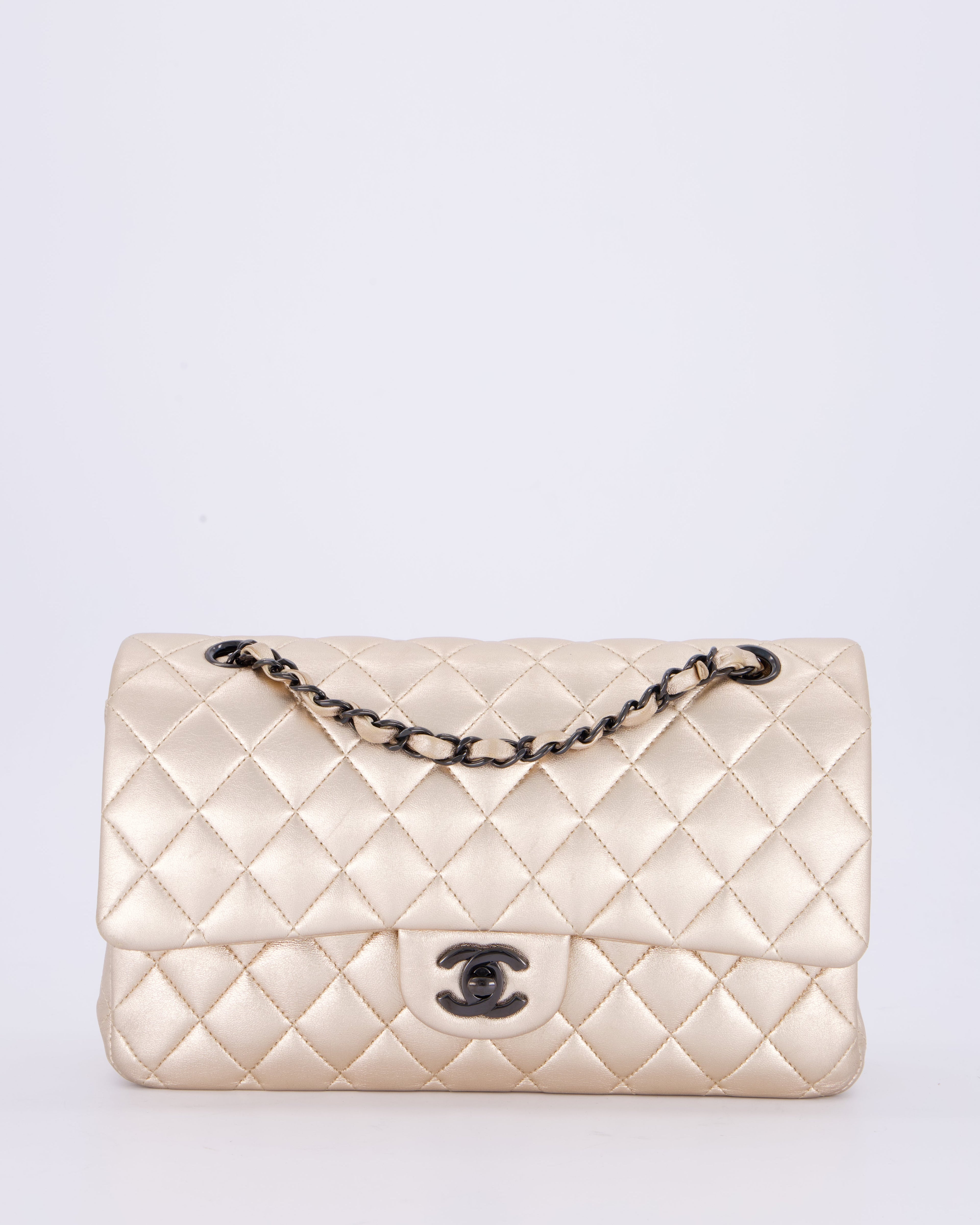 *RARE* Chanel Metallic Gold Medium Classic Double Flap Bag in Lambskin Leather with So Black Hardware