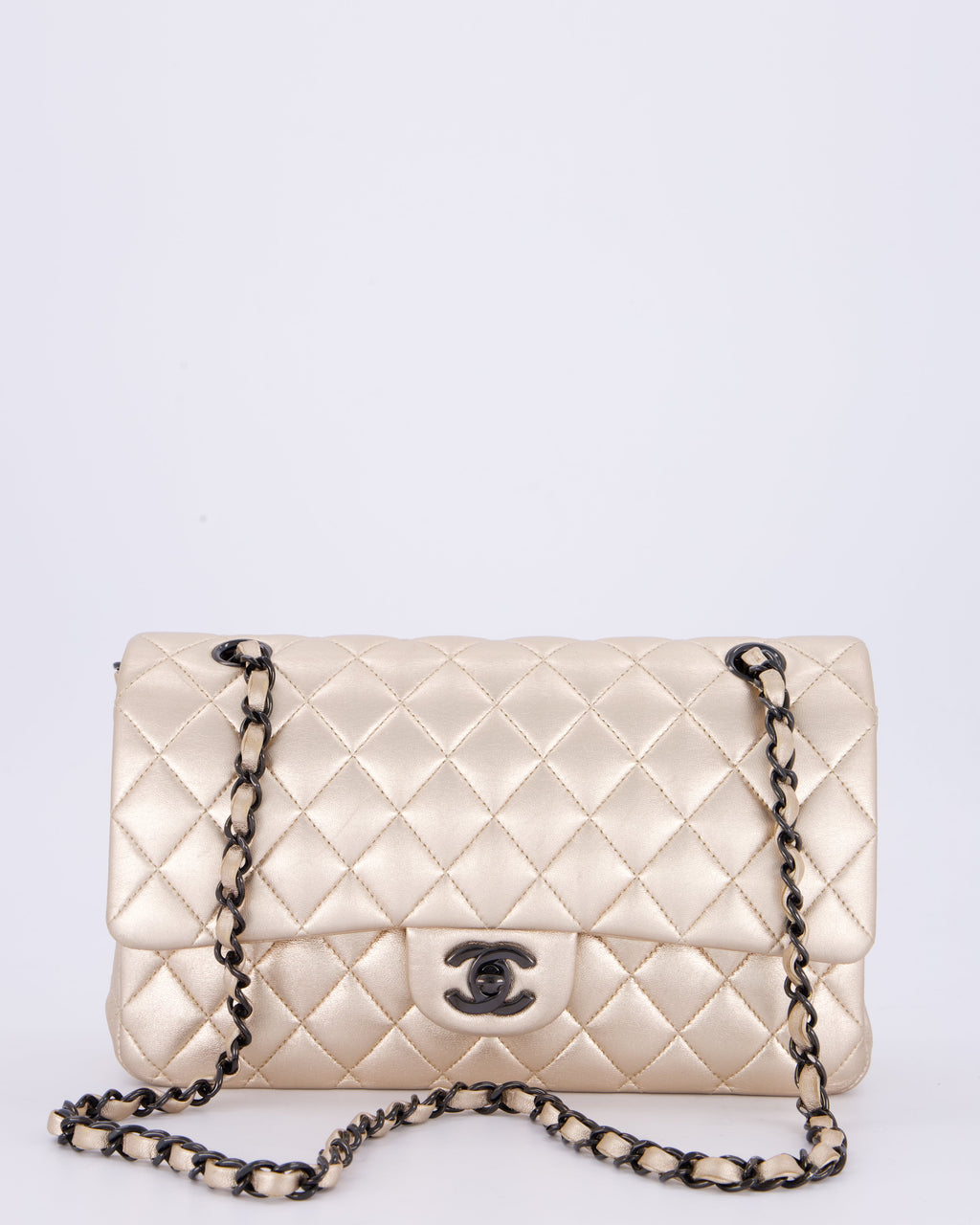 *RARE* Chanel Metallic Gold Medium Classic Double Flap Bag in Lambskin Leather with So Black Hardware