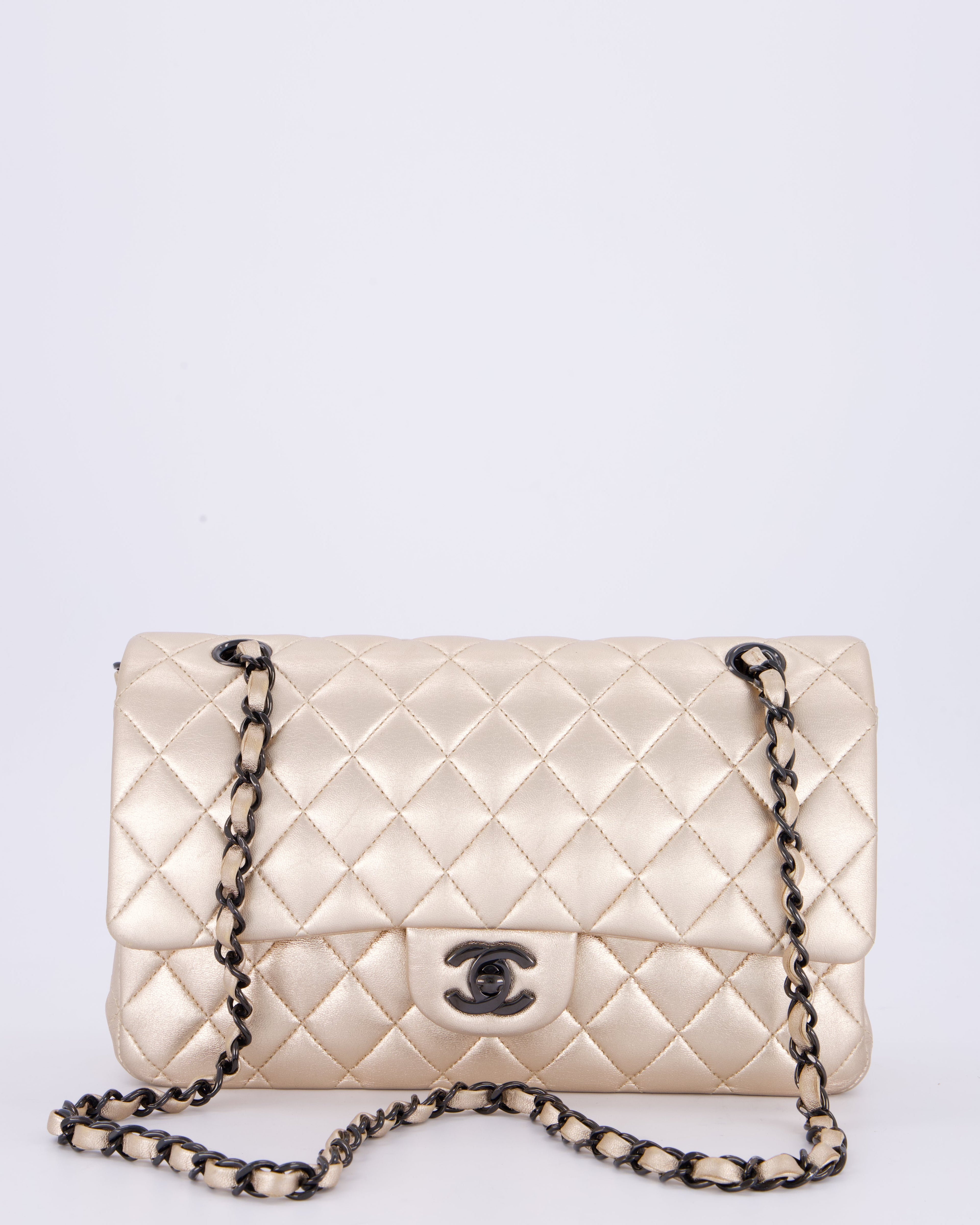 *RARE* Chanel Metallic Gold Medium Classic Double Flap Bag in Lambskin Leather with So Black Hardware