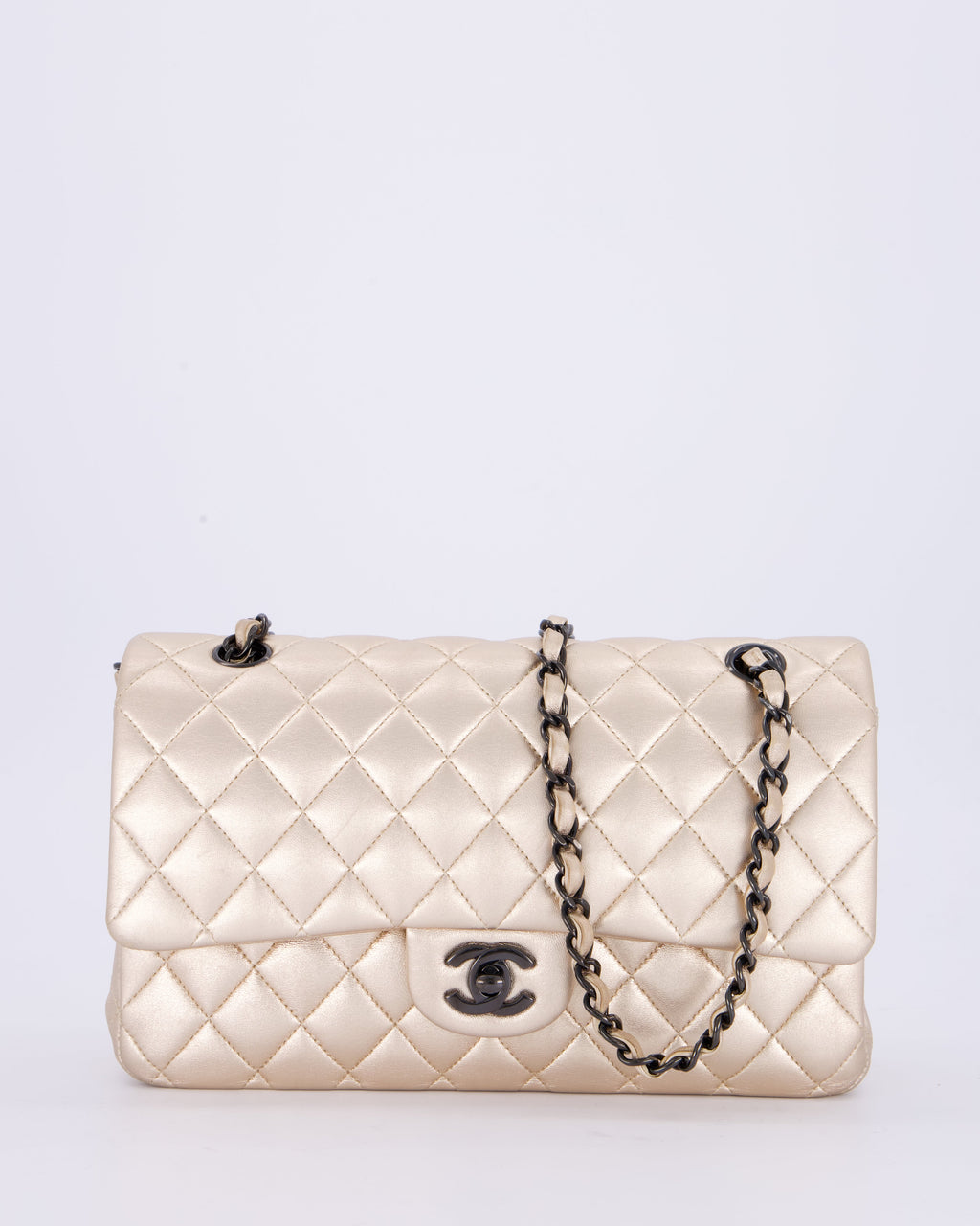 *RARE* Chanel Metallic Gold Medium Classic Double Flap Bag in Lambskin Leather with So Black Hardware