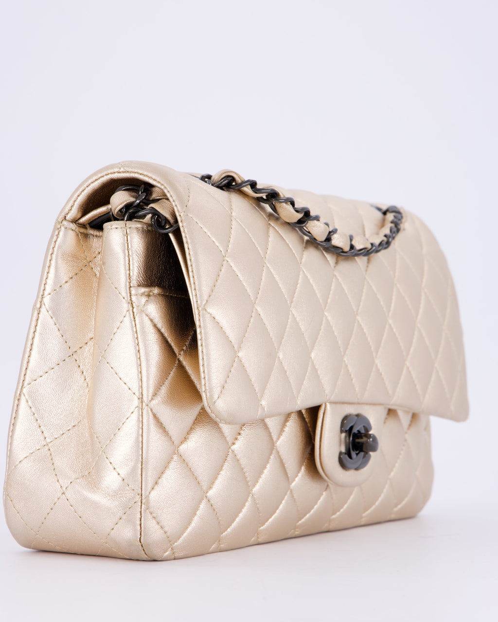 *RARE* Chanel Metallic Gold Medium Classic Double Flap Bag in Lambskin Leather with So Black Hardware