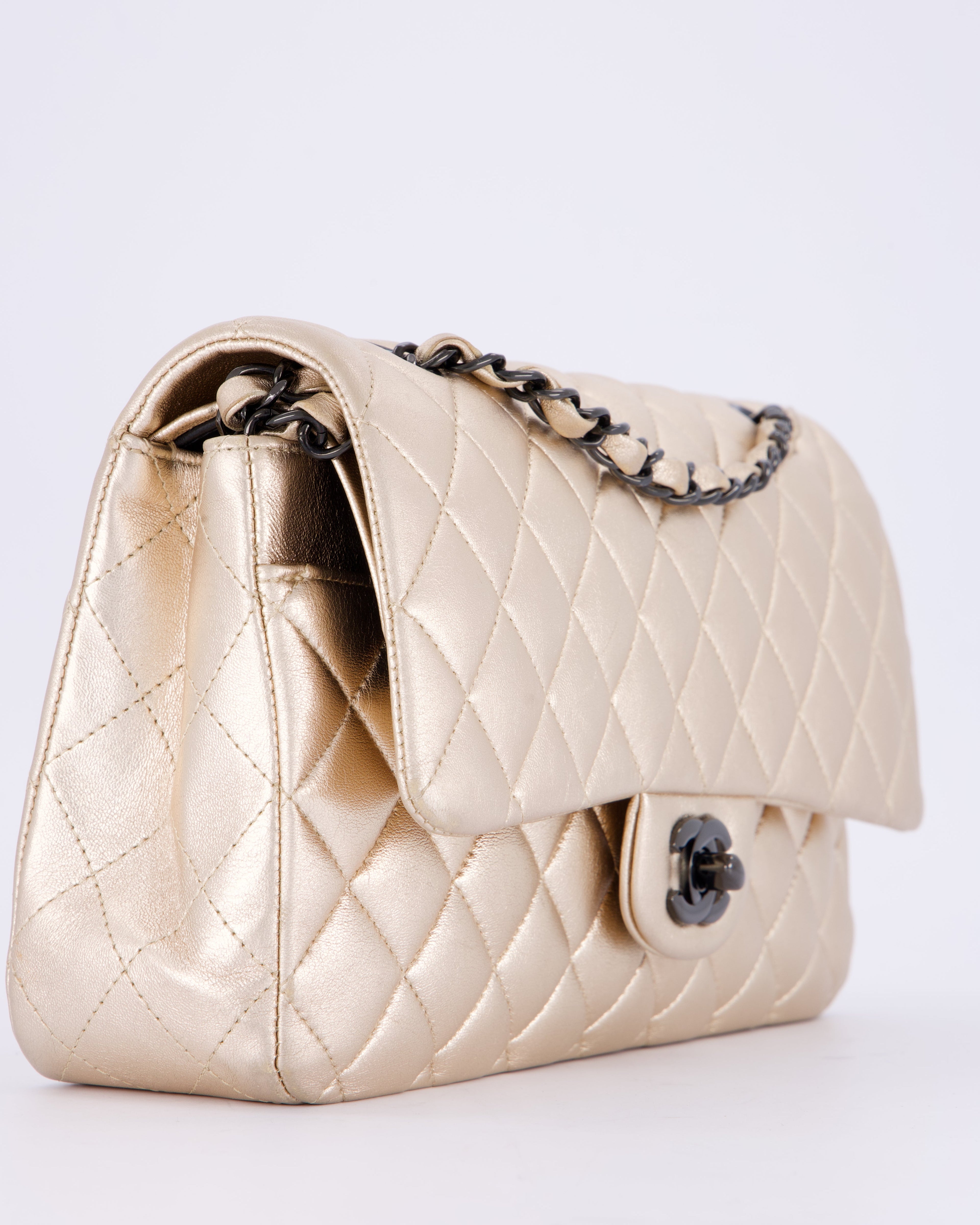 *RARE* Chanel Metallic Gold Medium Classic Double Flap Bag in Lambskin Leather with So Black Hardware