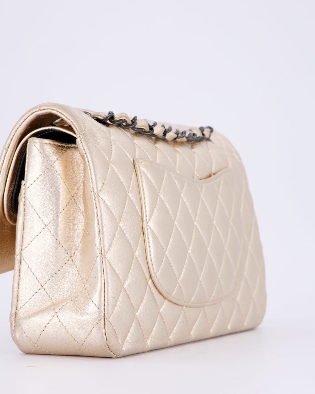 *RARE* Chanel Metallic Gold Medium Classic Double Flap Bag in Lambskin Leather with So Black Hardware