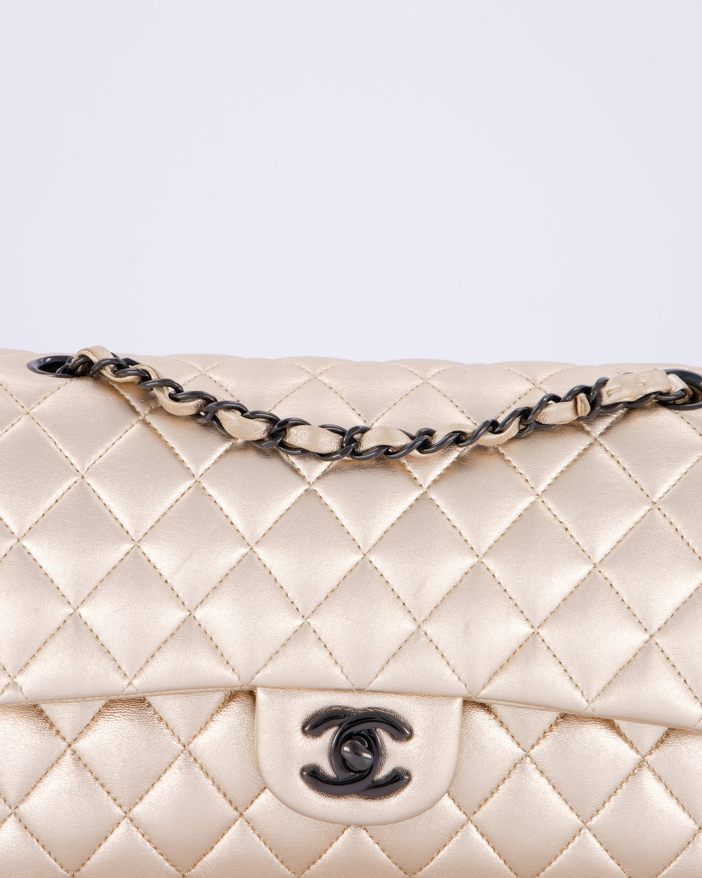 *RARE* Chanel Metallic Gold Medium Classic Double Flap Bag in Lambskin Leather with So Black Hardware