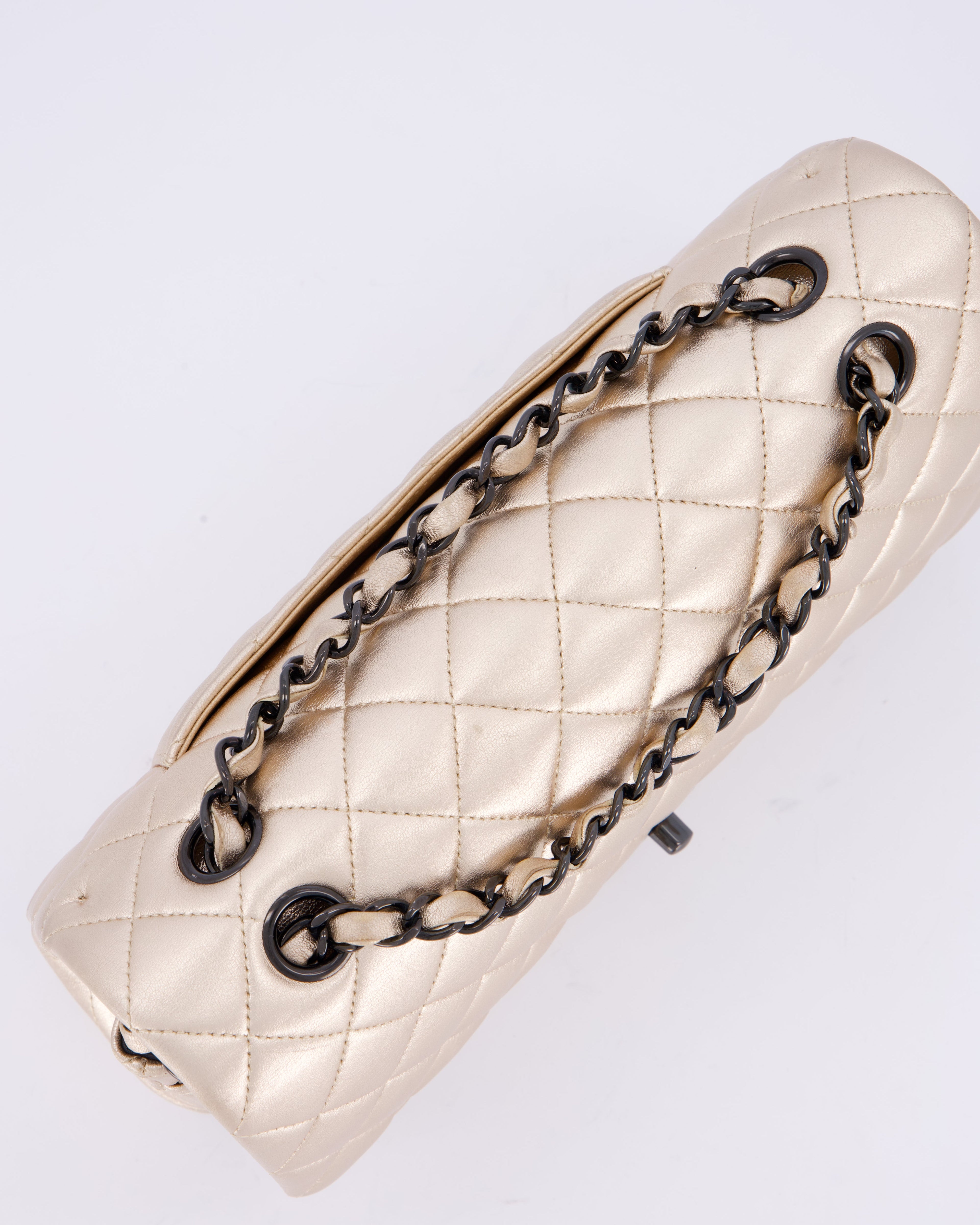 *RARE* Chanel Metallic Gold Medium Classic Double Flap Bag in Lambskin Leather with So Black Hardware