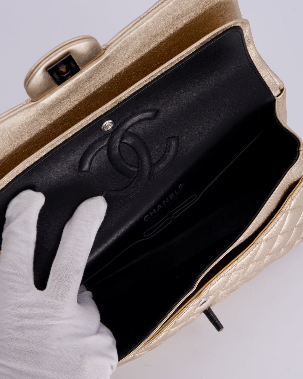 *RARE* Chanel Metallic Gold Medium Classic Double Flap Bag in Lambskin Leather with So Black Hardware