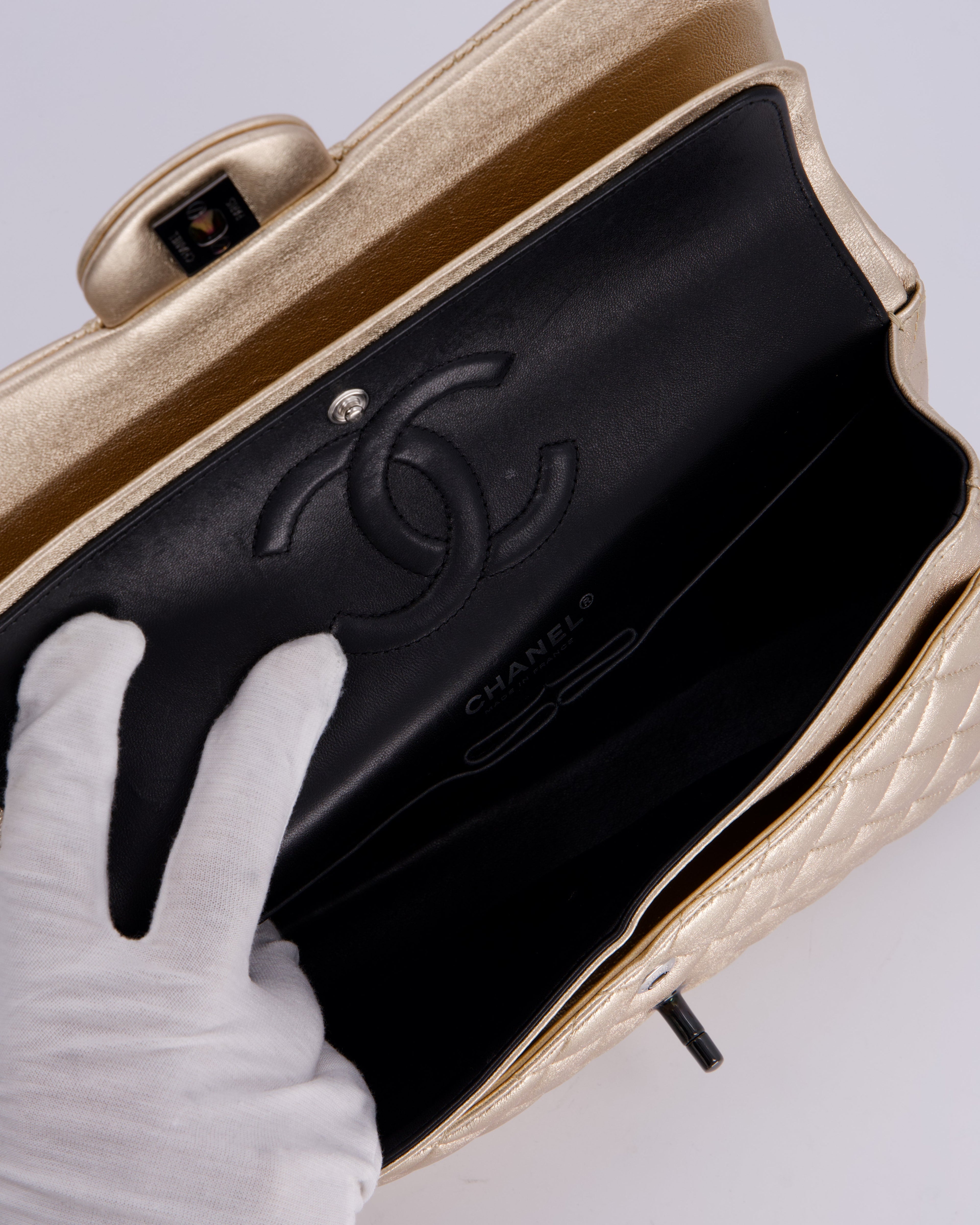 *RARE* Chanel Metallic Gold Medium Classic Double Flap Bag in Lambskin Leather with So Black Hardware