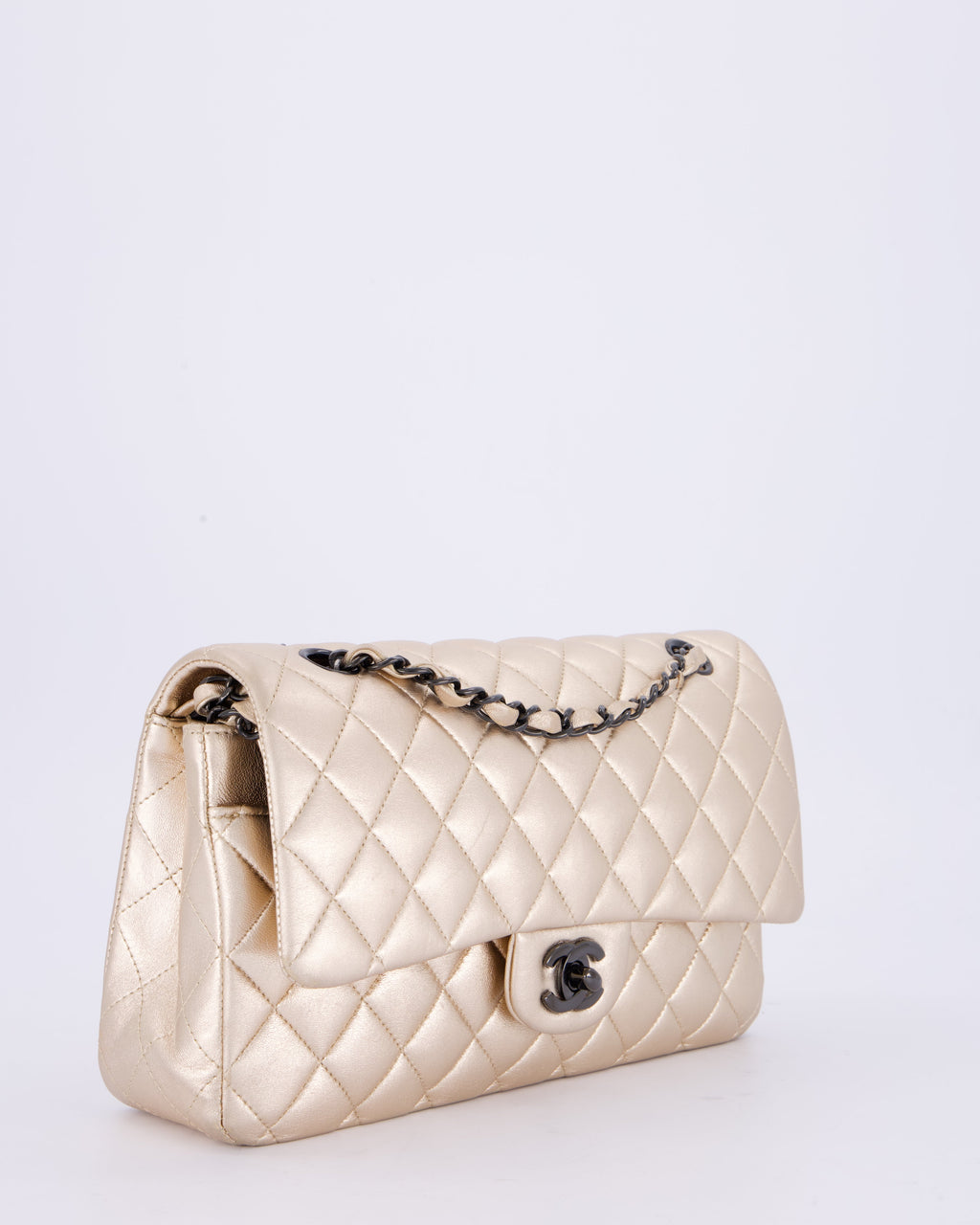 *RARE* Chanel Metallic Gold Medium Classic Double Flap Bag in Lambskin Leather with So Black Hardware