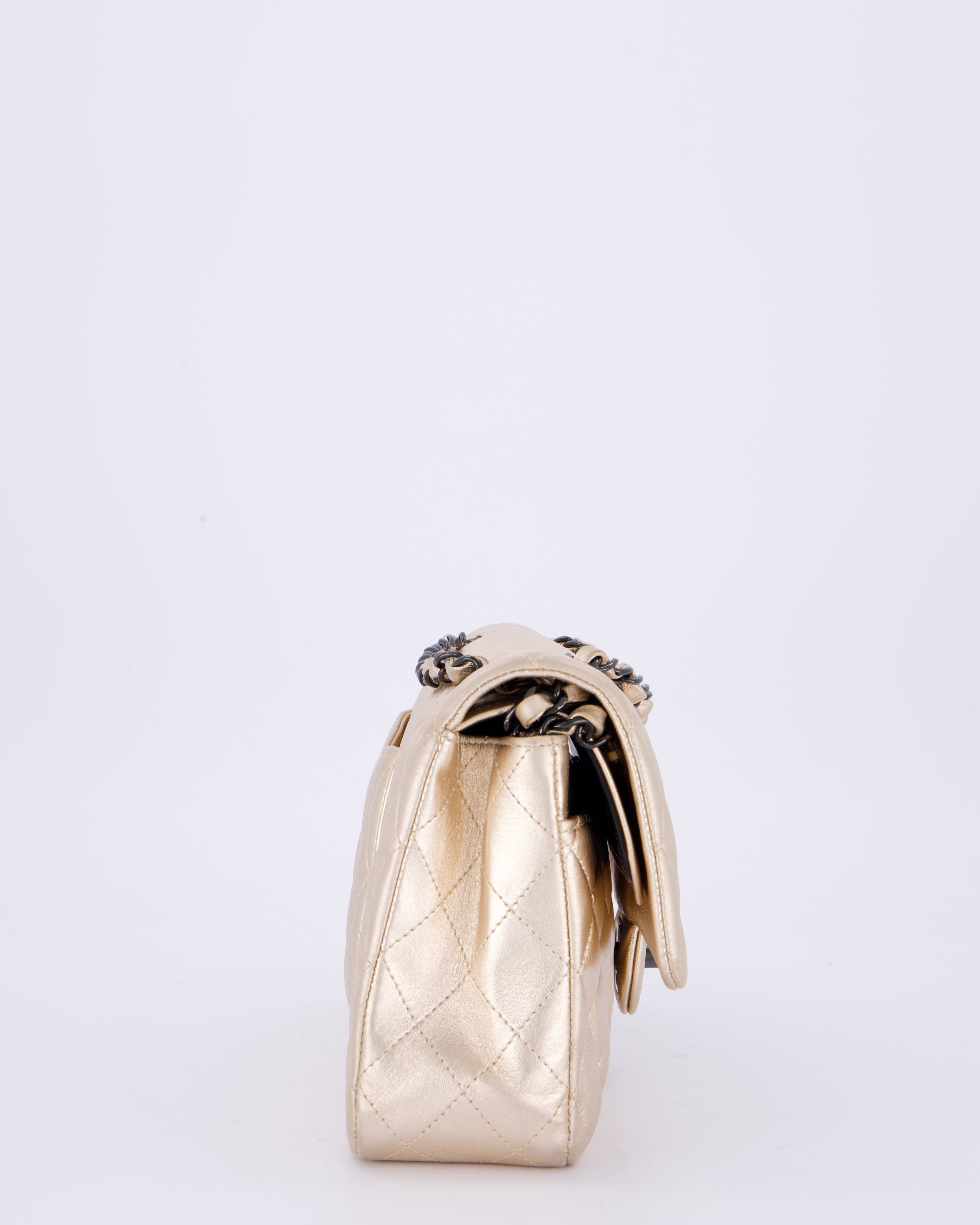 *RARE* Chanel Metallic Gold Medium Classic Double Flap Bag in Lambskin Leather with So Black Hardware