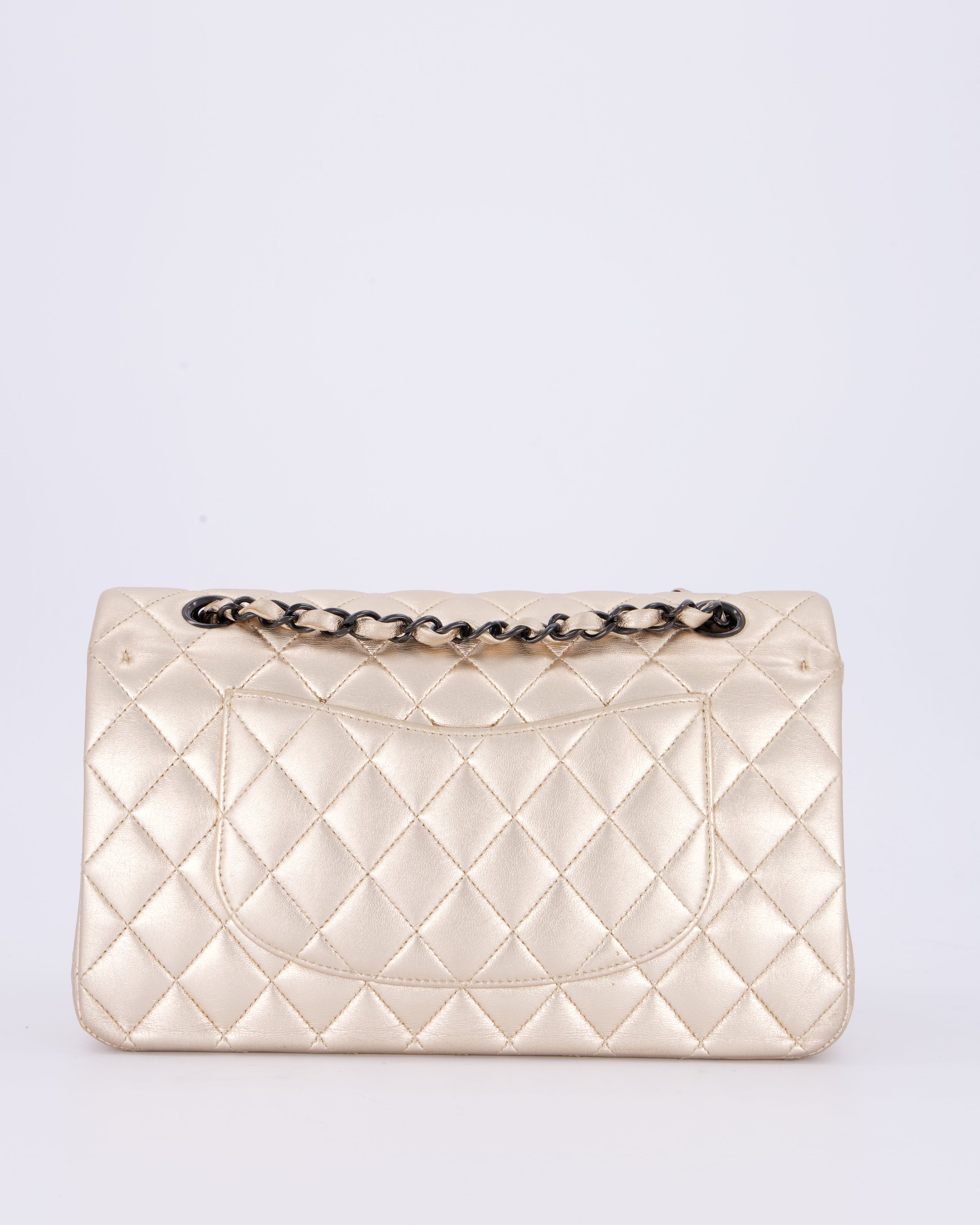 *RARE* Chanel Metallic Gold Medium Classic Double Flap Bag in Lambskin Leather with So Black Hardware