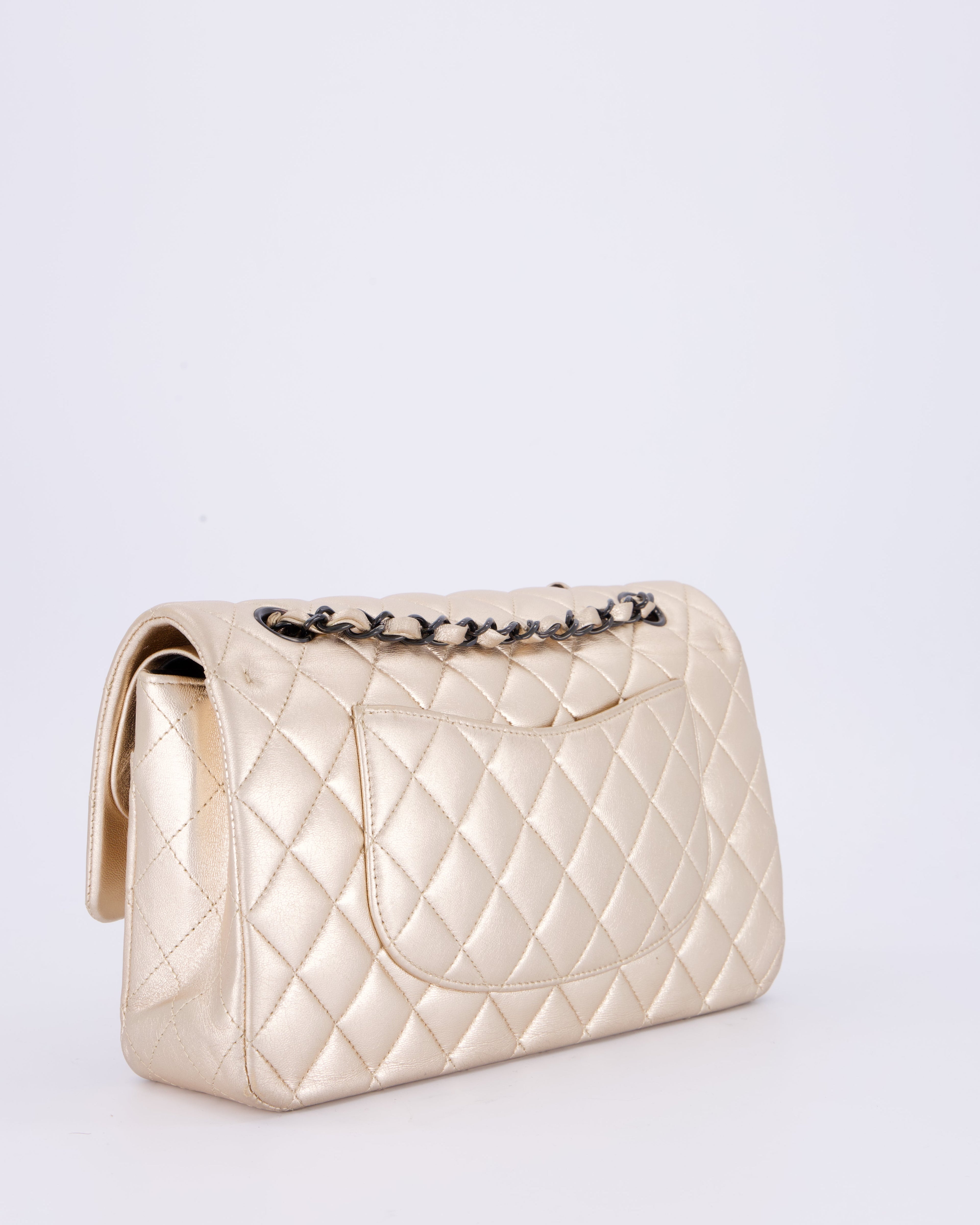 *RARE* Chanel Metallic Gold Medium Classic Double Flap Bag in Lambskin Leather with So Black Hardware