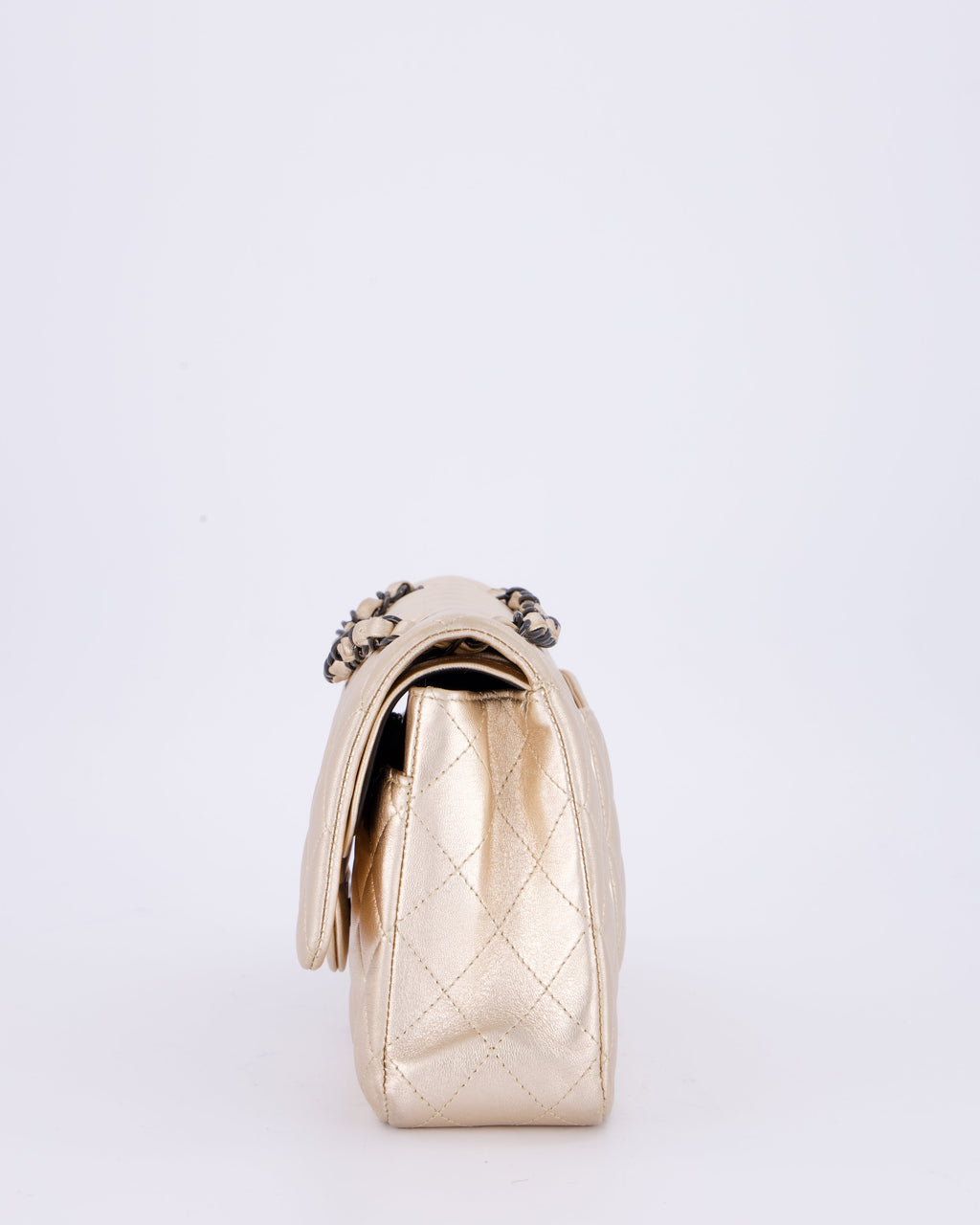 *RARE* Chanel Metallic Gold Medium Classic Double Flap Bag in Lambskin Leather with So Black Hardware