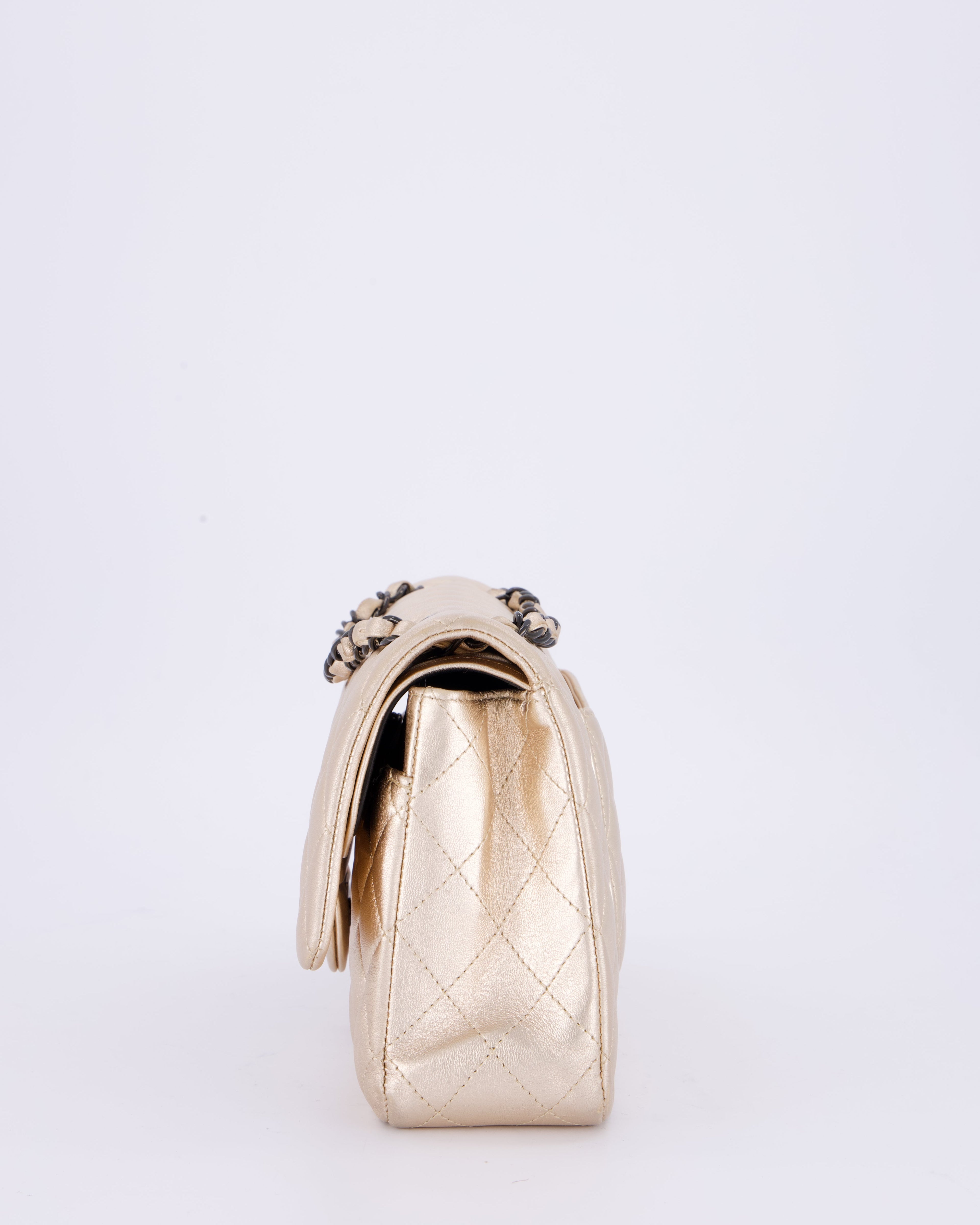 *RARE* Chanel Metallic Gold Medium Classic Double Flap Bag in Lambskin Leather with So Black Hardware