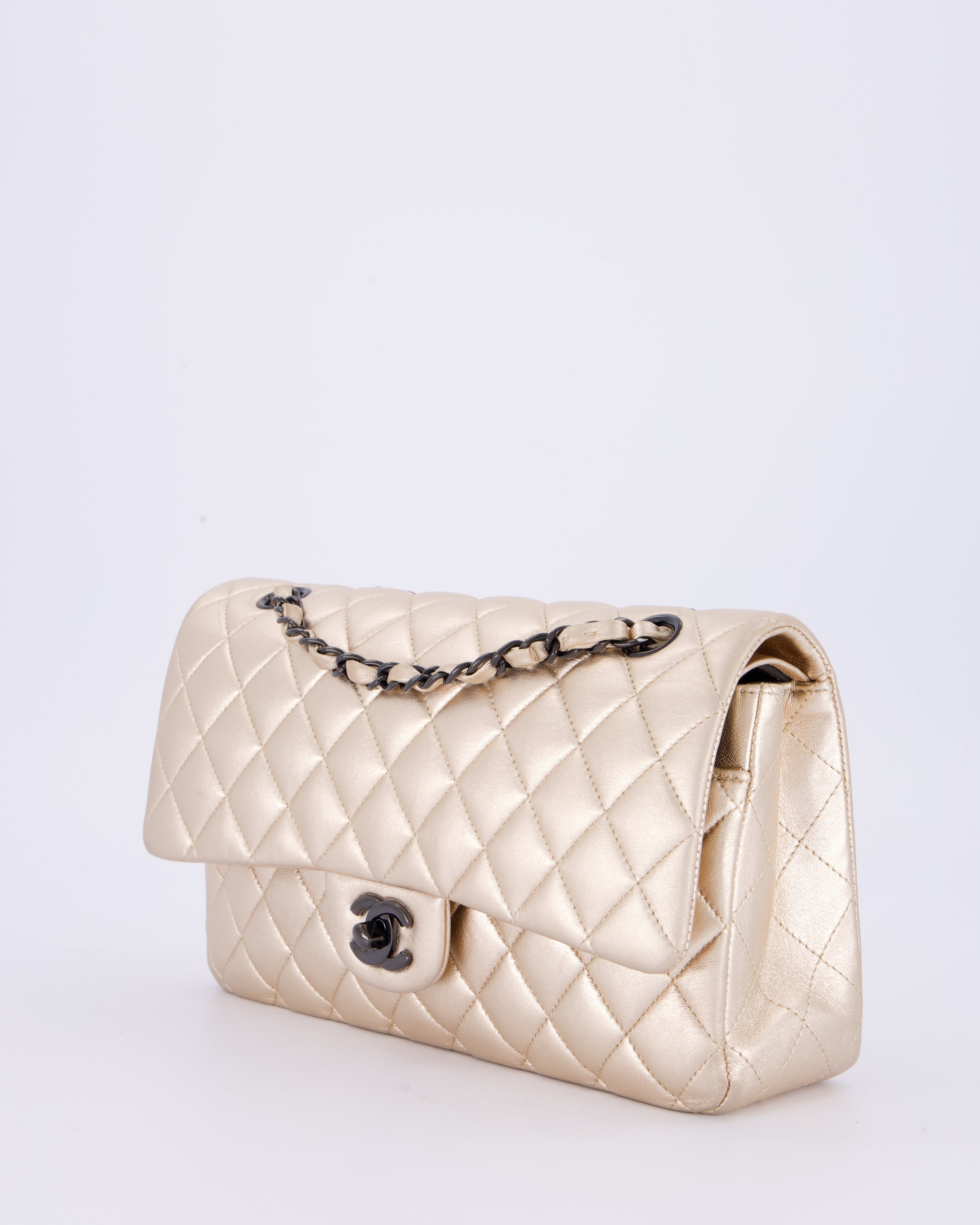 *RARE* Chanel Metallic Gold Medium Classic Double Flap Bag in Lambskin Leather with So Black Hardware