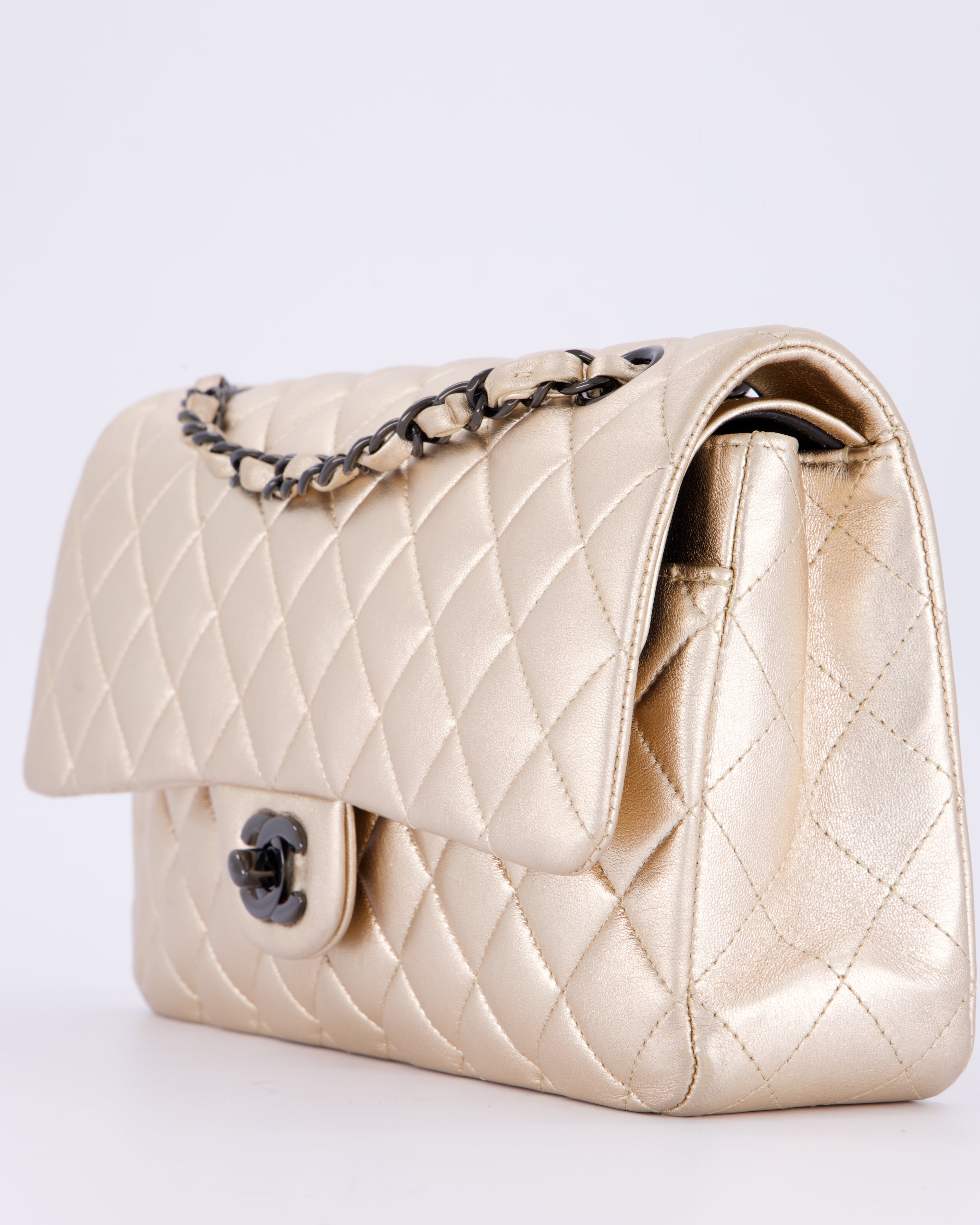*RARE* Chanel Metallic Gold Medium Classic Double Flap Bag in Lambskin Leather with So Black Hardware