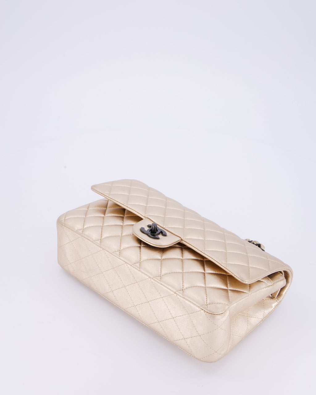 *RARE* Chanel Metallic Gold Medium Classic Double Flap Bag in Lambskin Leather with So Black Hardware