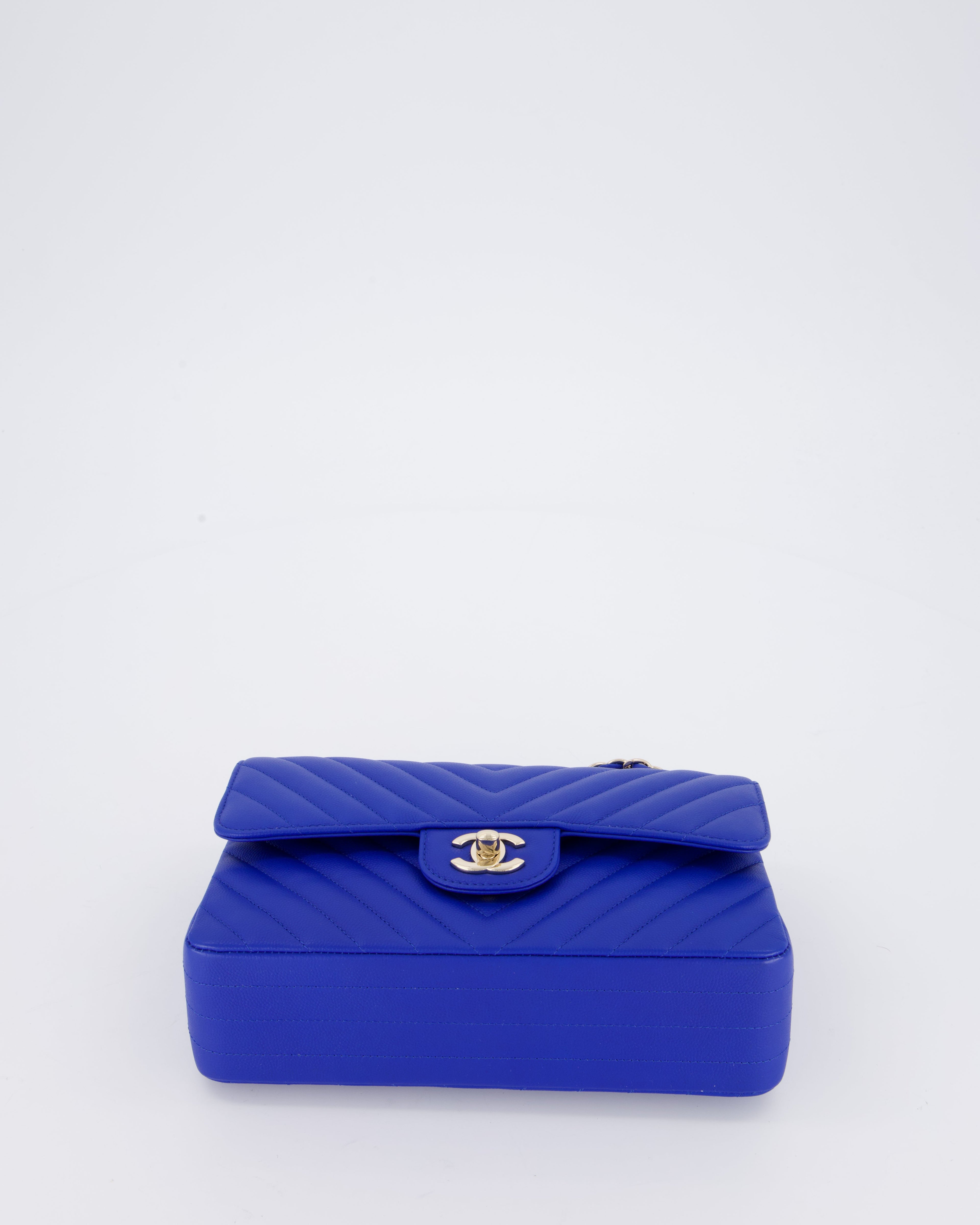 Chanel Small Classic Double Flap Bag in Electric Blue Chevron Caviar Leather with Champagne Gold Hardware
