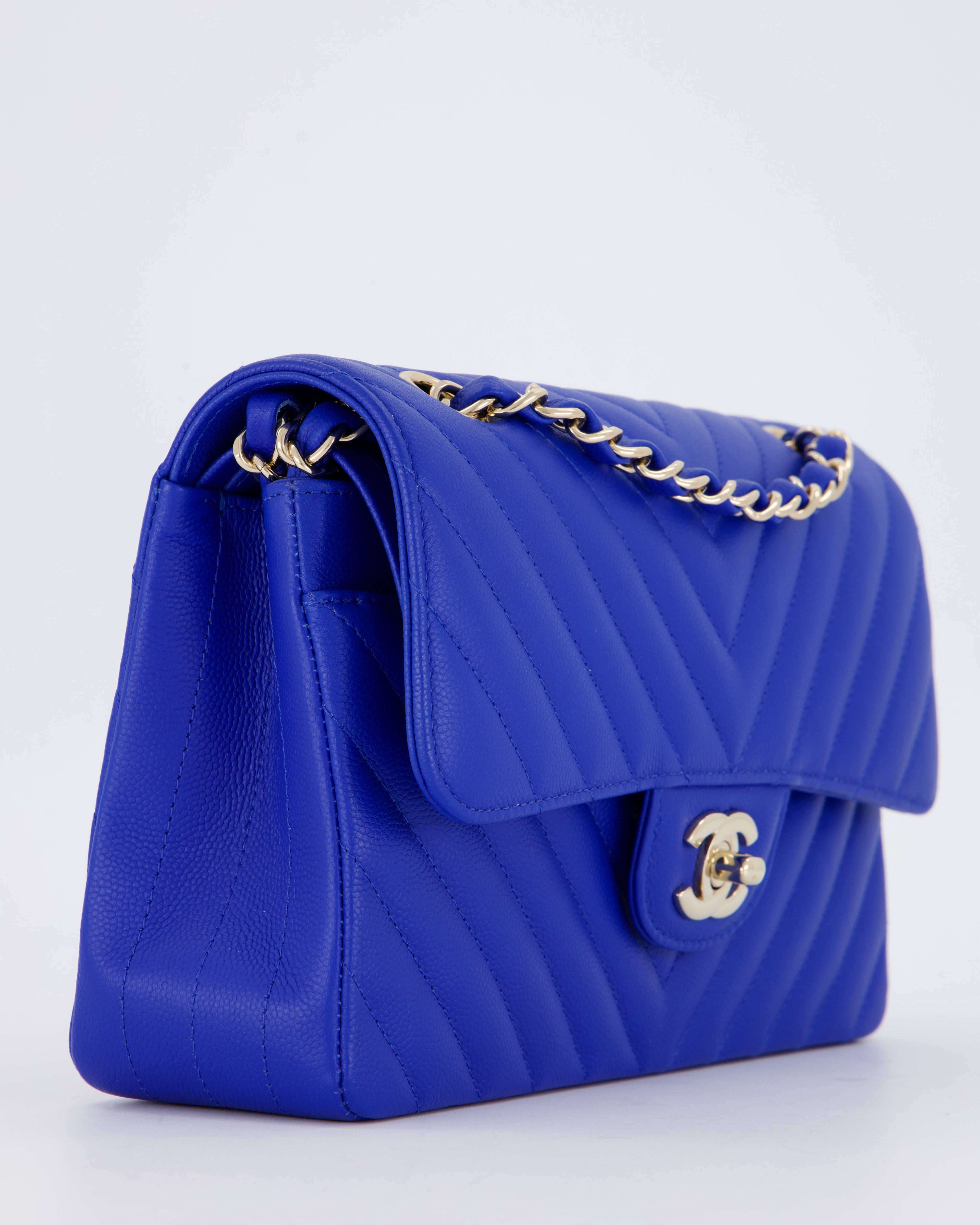 Chanel Small Classic Double Flap Bag in Electric Blue Chevron Caviar Leather with Champagne Gold Hardware