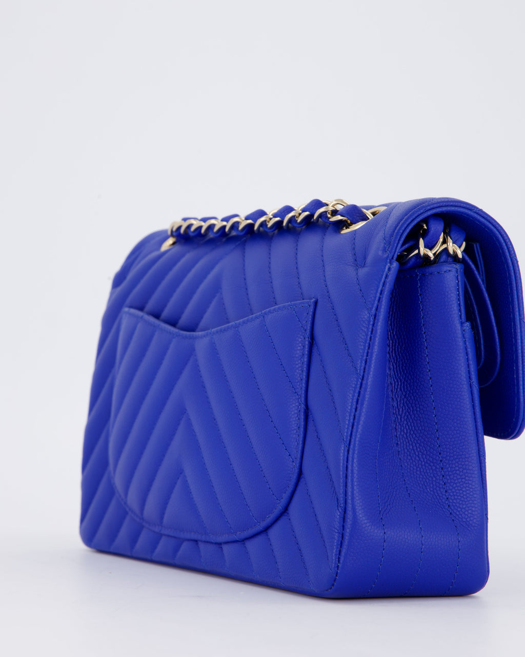 Chanel Small Classic Double Flap Bag in Electric Blue Chevron Caviar Leather with Champagne Gold Hardware