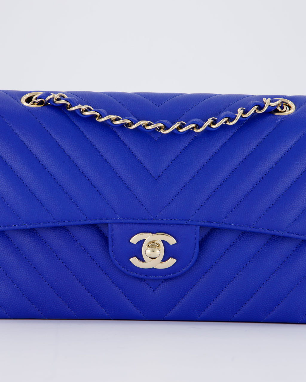 Chanel Small Classic Double Flap Bag in Electric Blue Chevron Caviar Leather with Champagne Gold Hardware