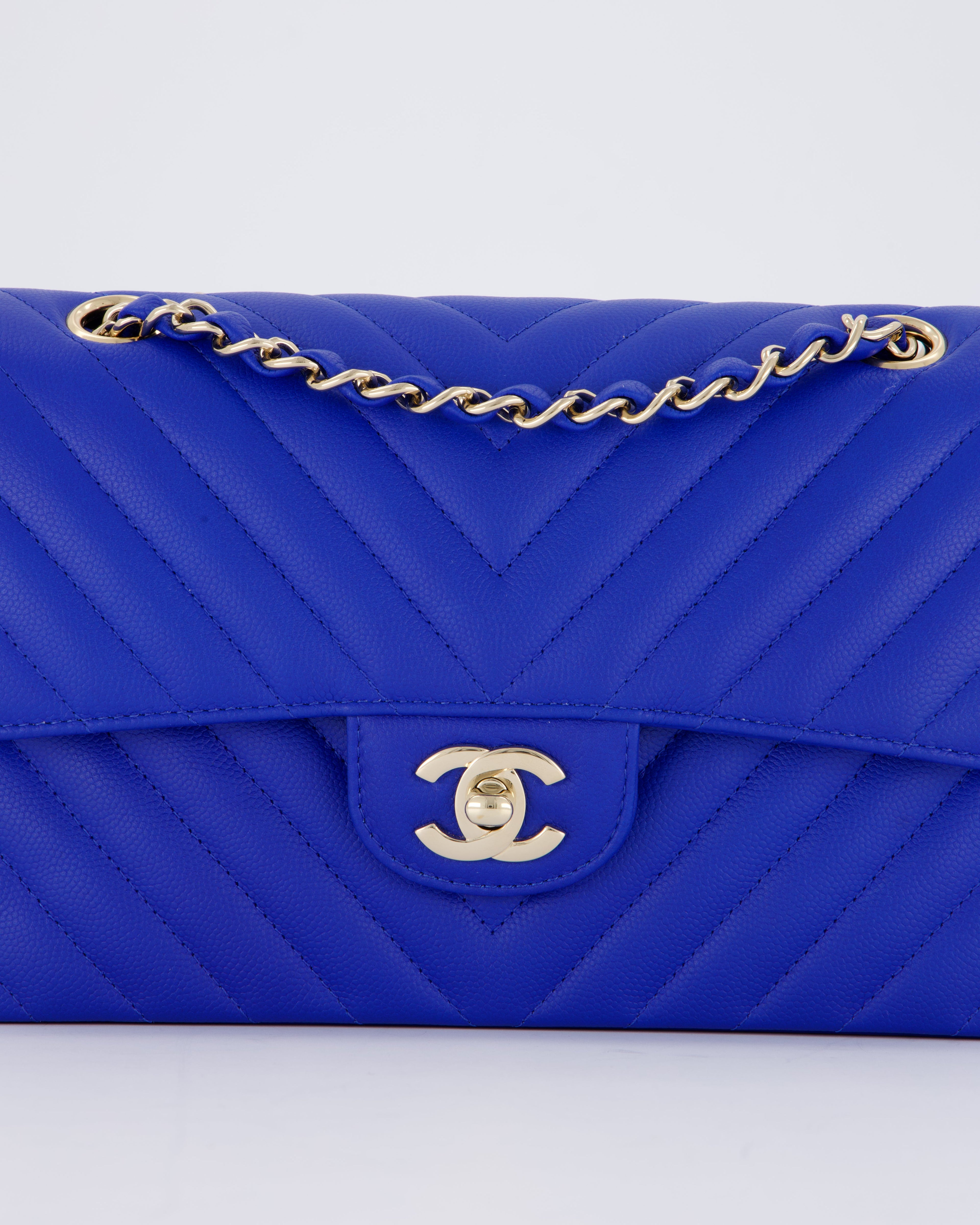 Chanel Small Classic Double Flap Bag in Electric Blue Chevron Caviar Leather with Champagne Gold Hardware