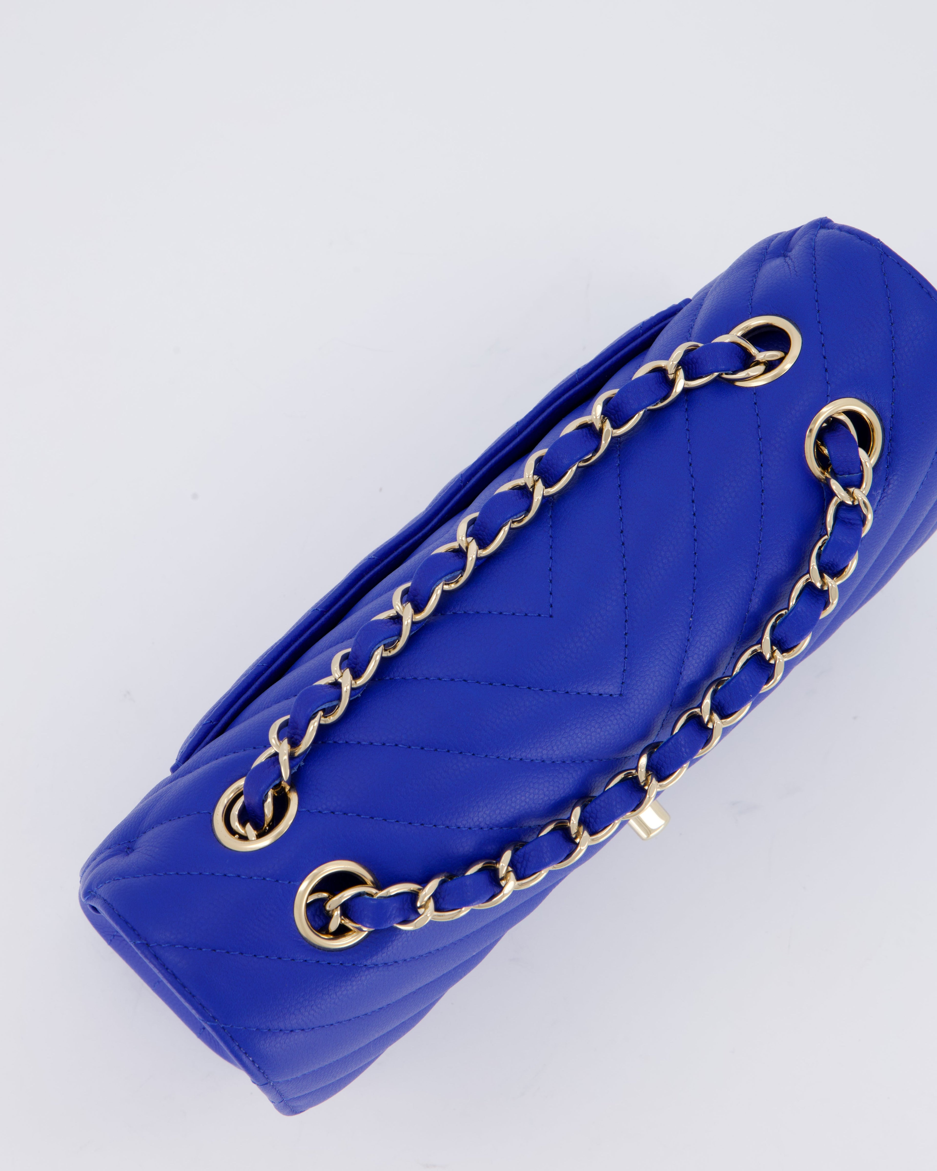 Chanel Small Classic Double Flap Bag in Electric Blue Chevron Caviar Leather with Champagne Gold Hardware
