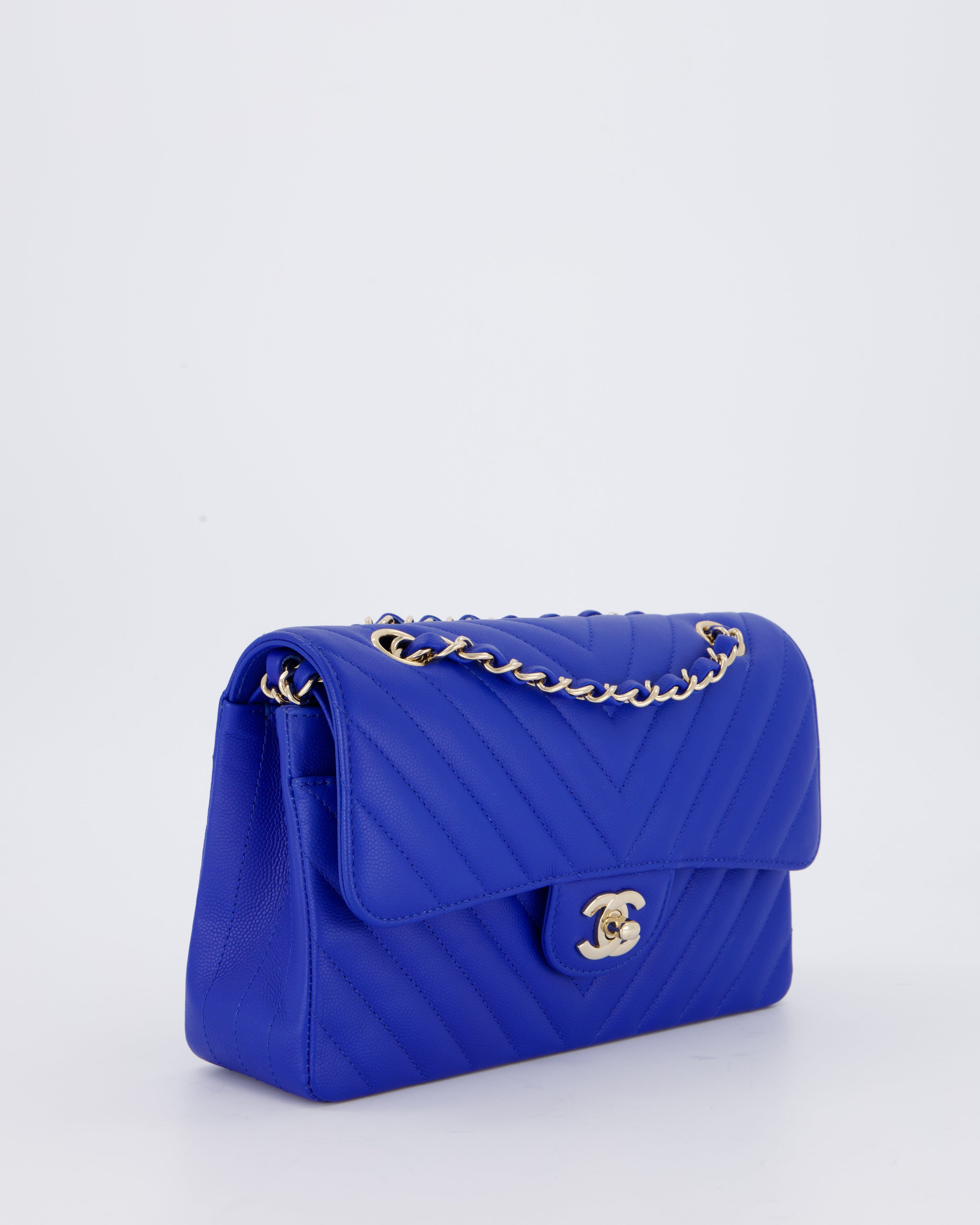 Chanel Small Classic Double Flap Bag in Electric Blue Chevron Caviar Leather with Champagne Gold Hardware