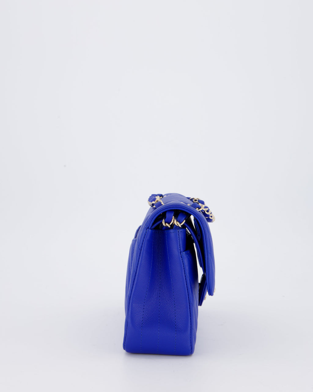 Chanel Small Classic Double Flap Bag in Electric Blue Chevron Caviar Leather with Champagne Gold Hardware