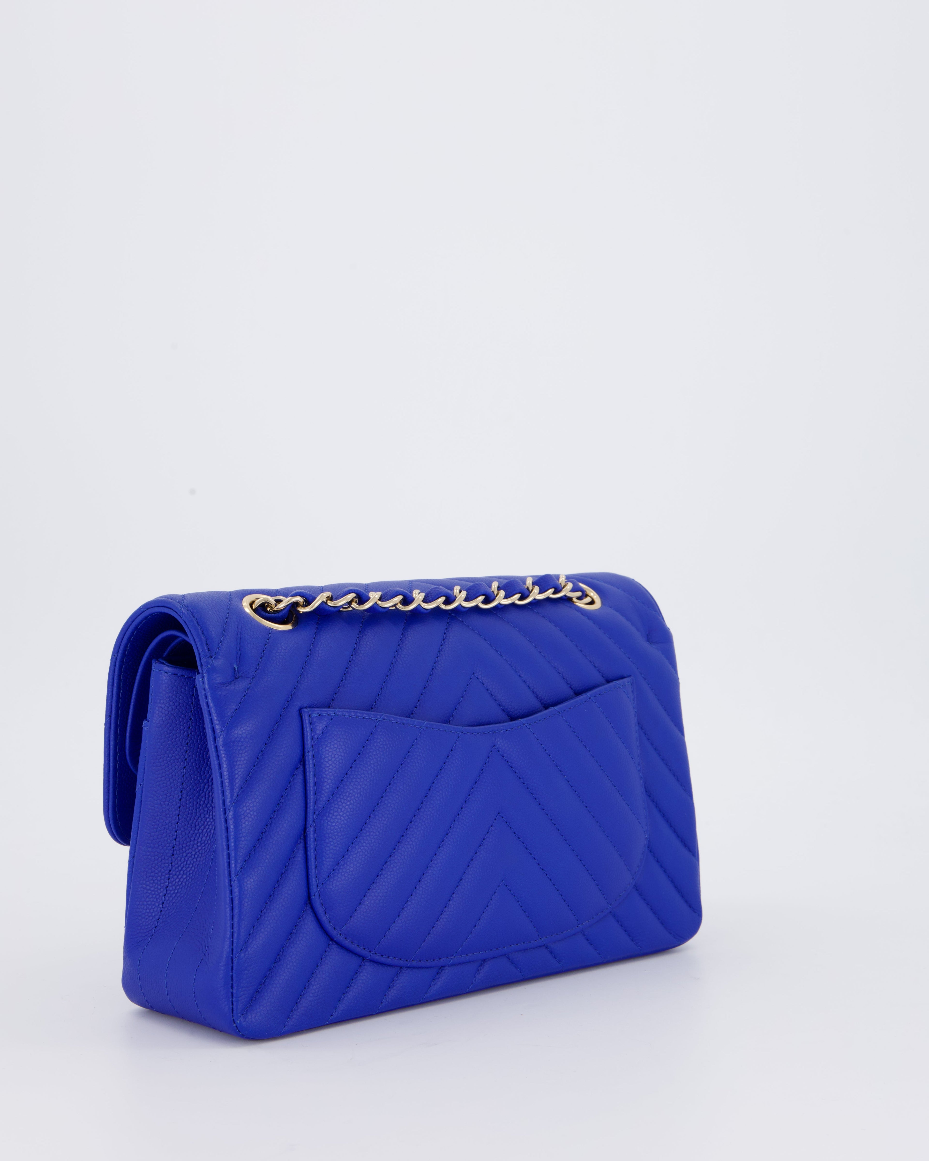Chanel Small Classic Double Flap Bag in Electric Blue Chevron Caviar Leather with Champagne Gold Hardware