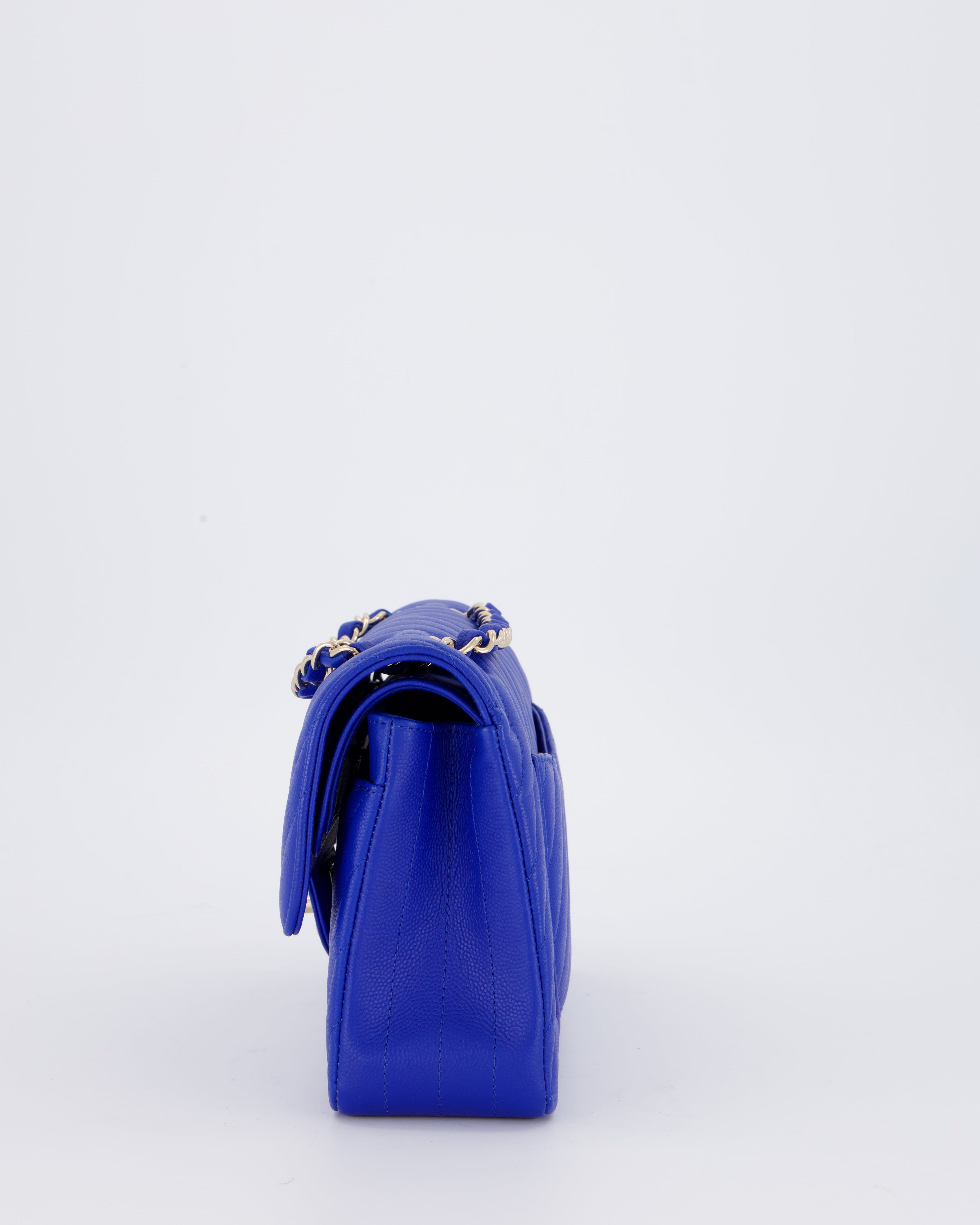 Chanel Small Classic Double Flap Bag in Electric Blue Chevron Caviar Leather with Champagne Gold Hardware