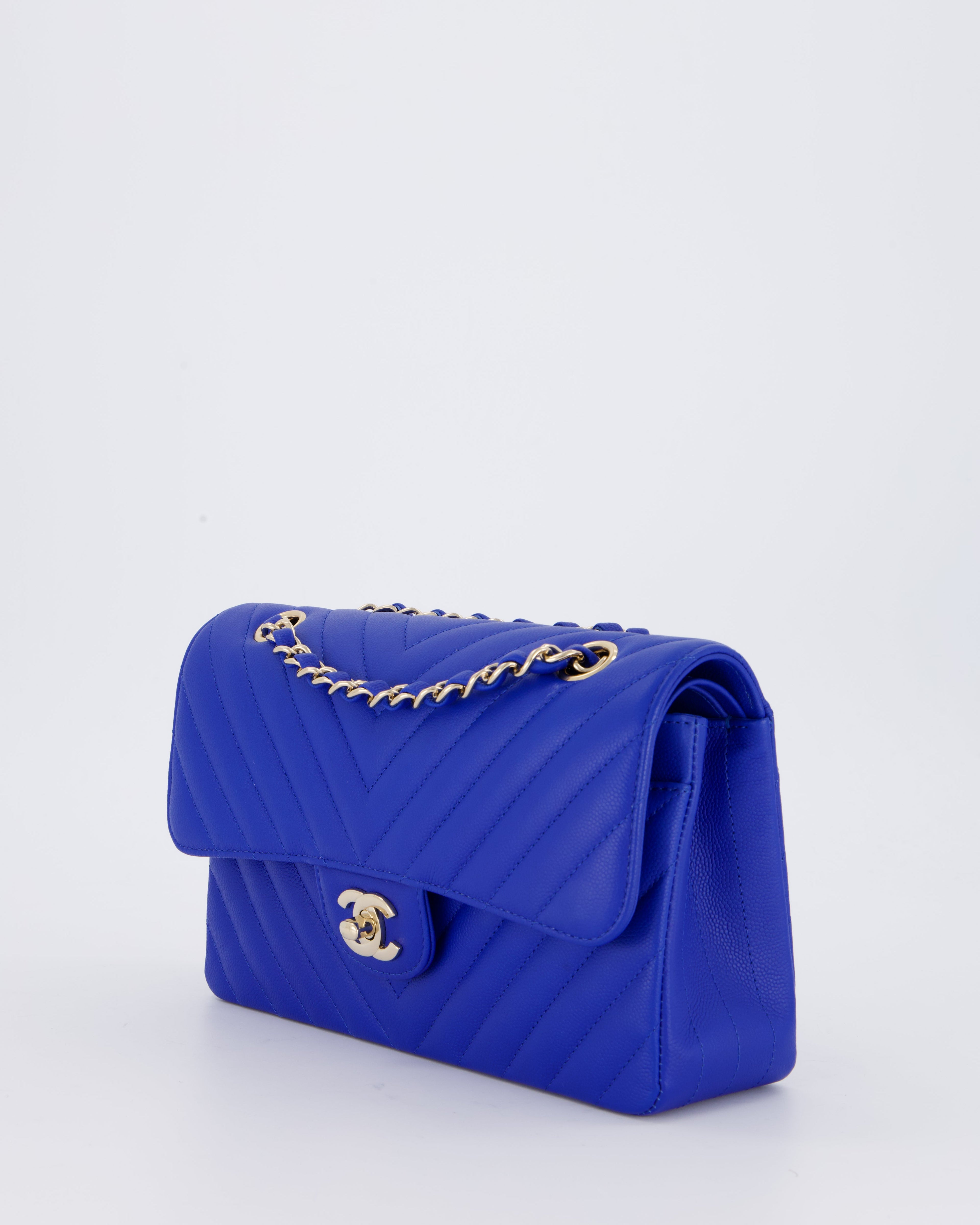 Chanel Small Classic Double Flap Bag in Electric Blue Chevron Caviar Leather with Champagne Gold Hardware