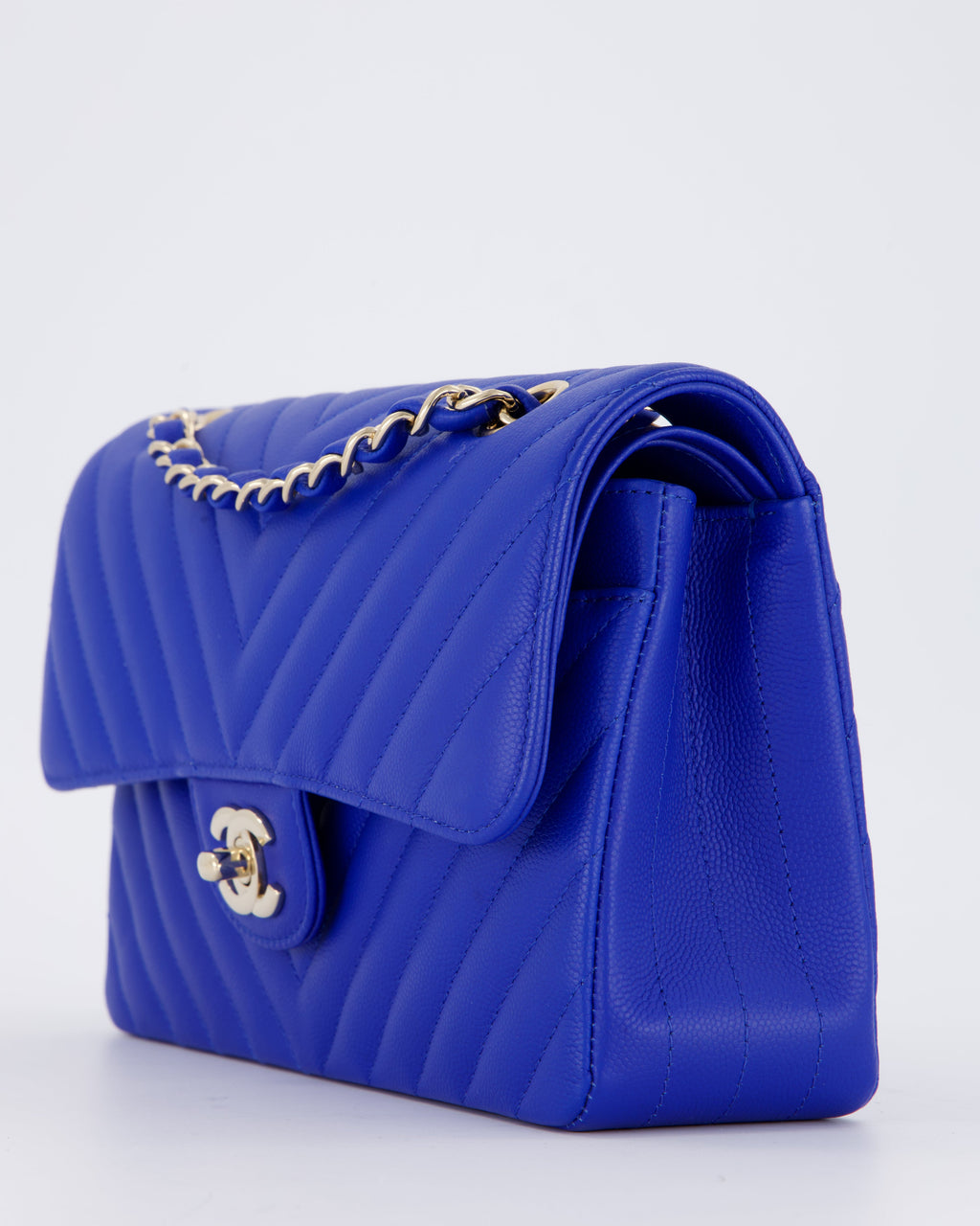 Chanel Small Classic Double Flap Bag in Electric Blue Chevron Caviar Leather with Champagne Gold Hardware