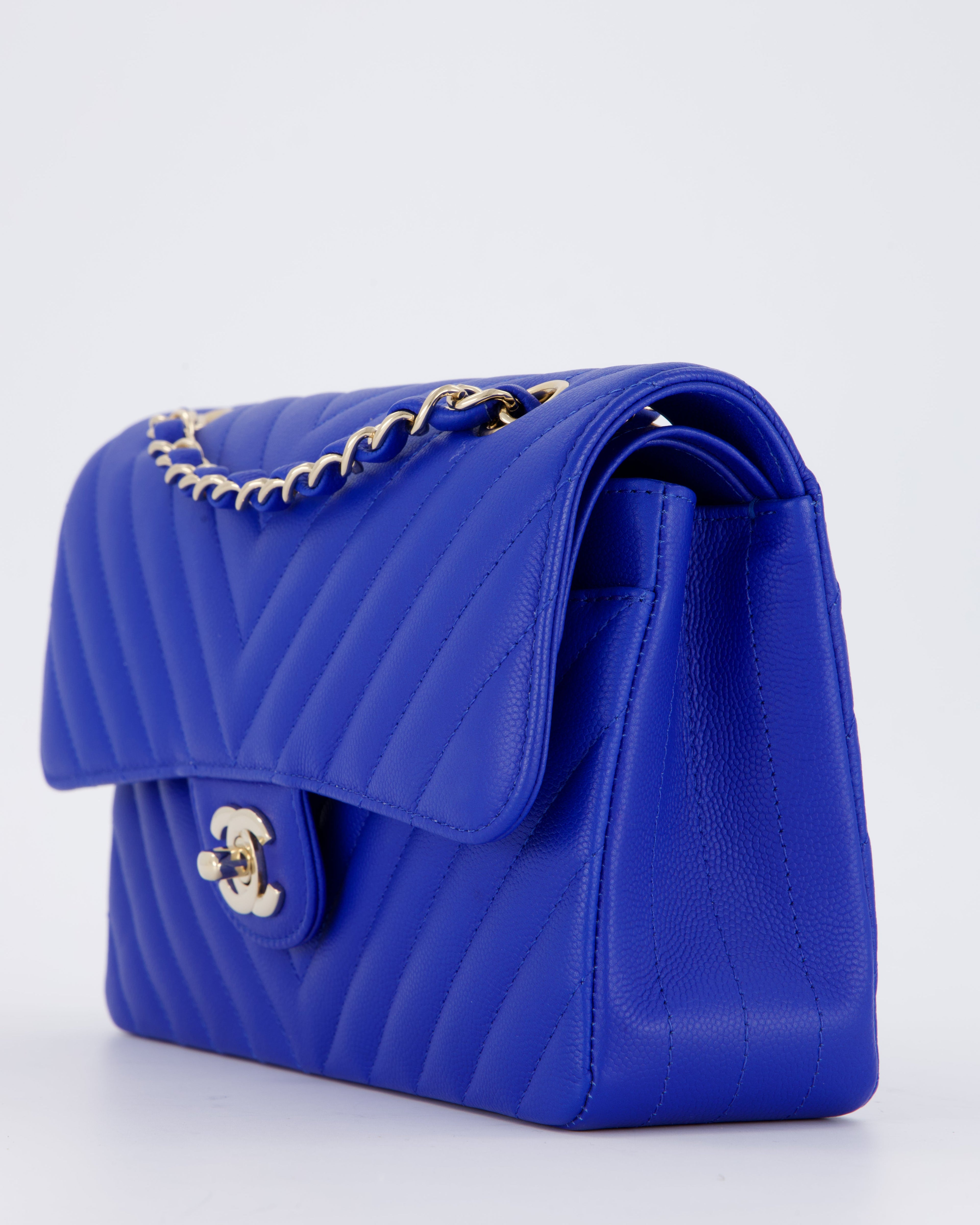 Chanel Small Classic Double Flap Bag in Electric Blue Chevron Caviar Leather with Champagne Gold Hardware