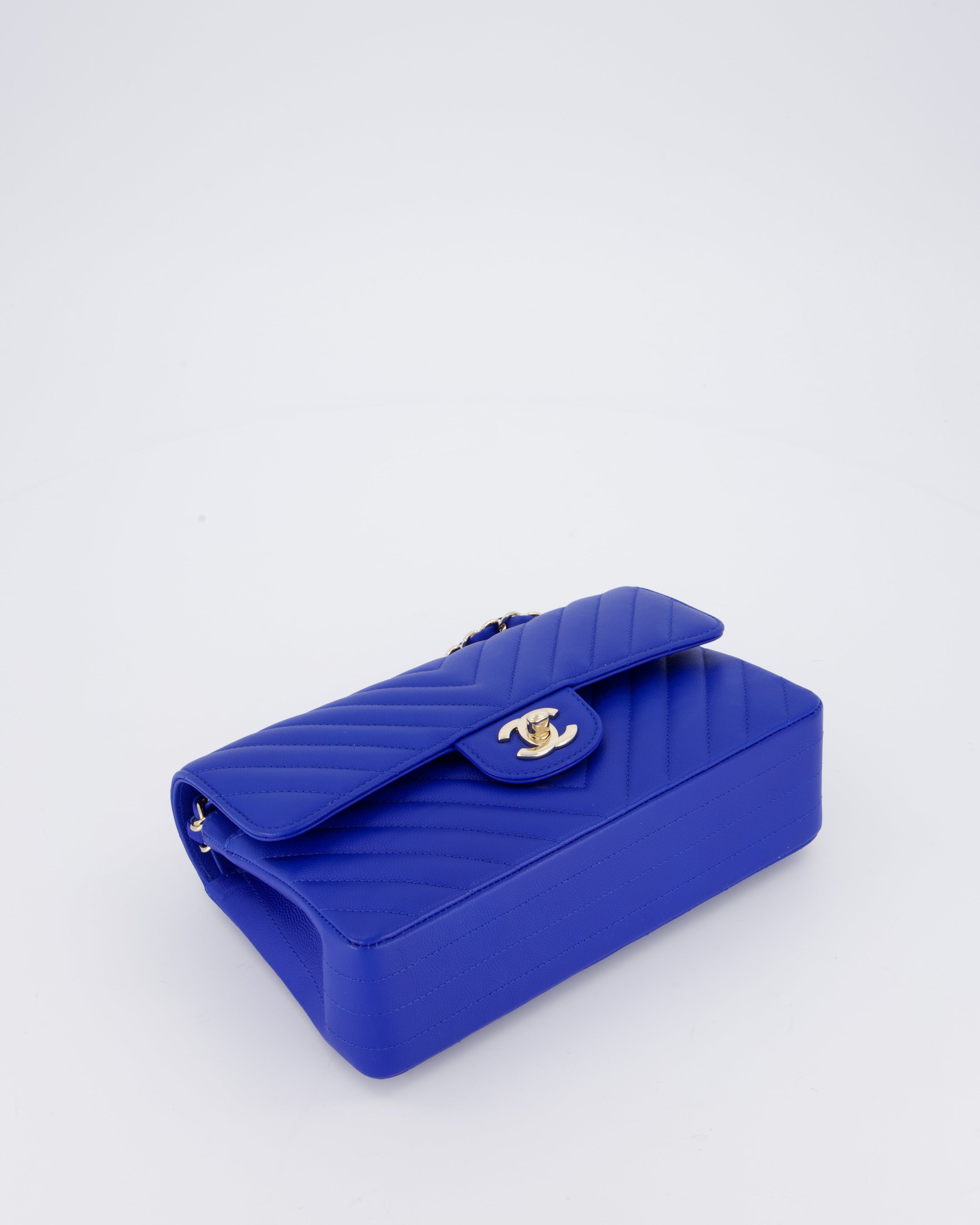 Chanel Small Classic Double Flap Bag in Electric Blue Chevron Caviar Leather with Champagne Gold Hardware