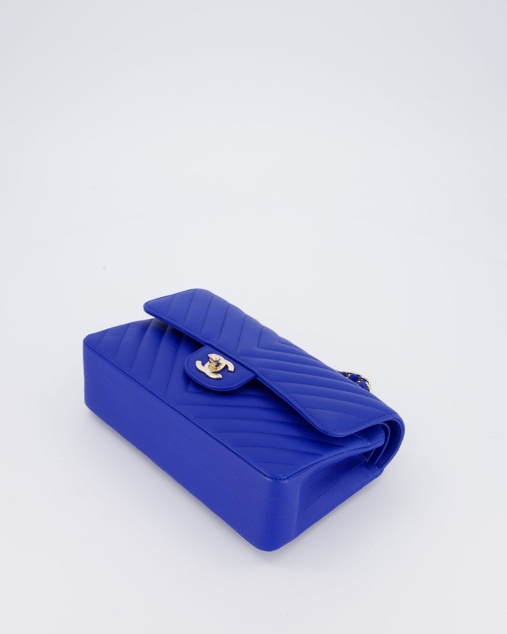 Chanel Small Classic Double Flap Bag in Electric Blue Chevron Caviar Leather with Champagne Gold Hardware