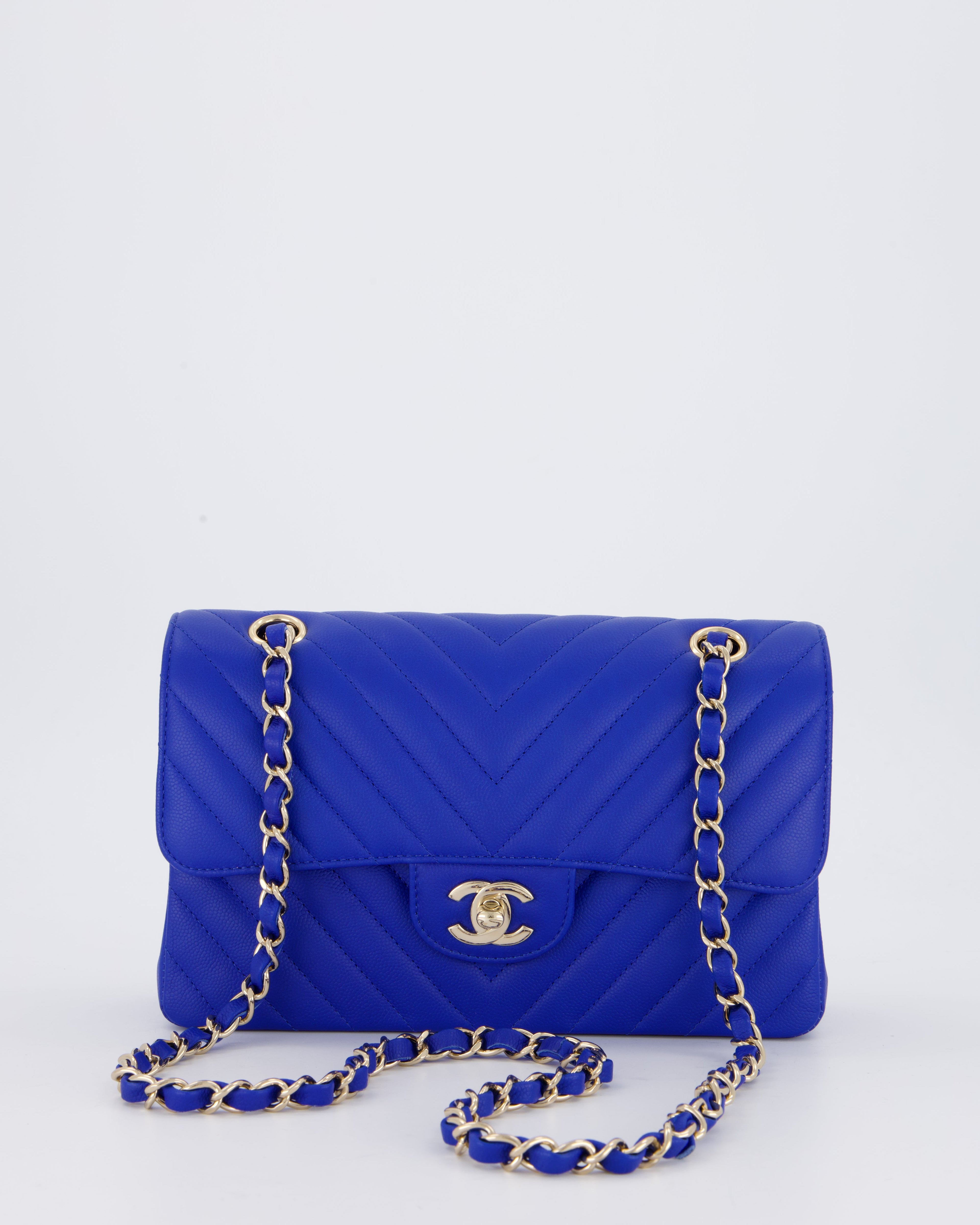Chanel Small Classic Double Flap Bag in Electric Blue Chevron Caviar Leather with Champagne Gold Hardware