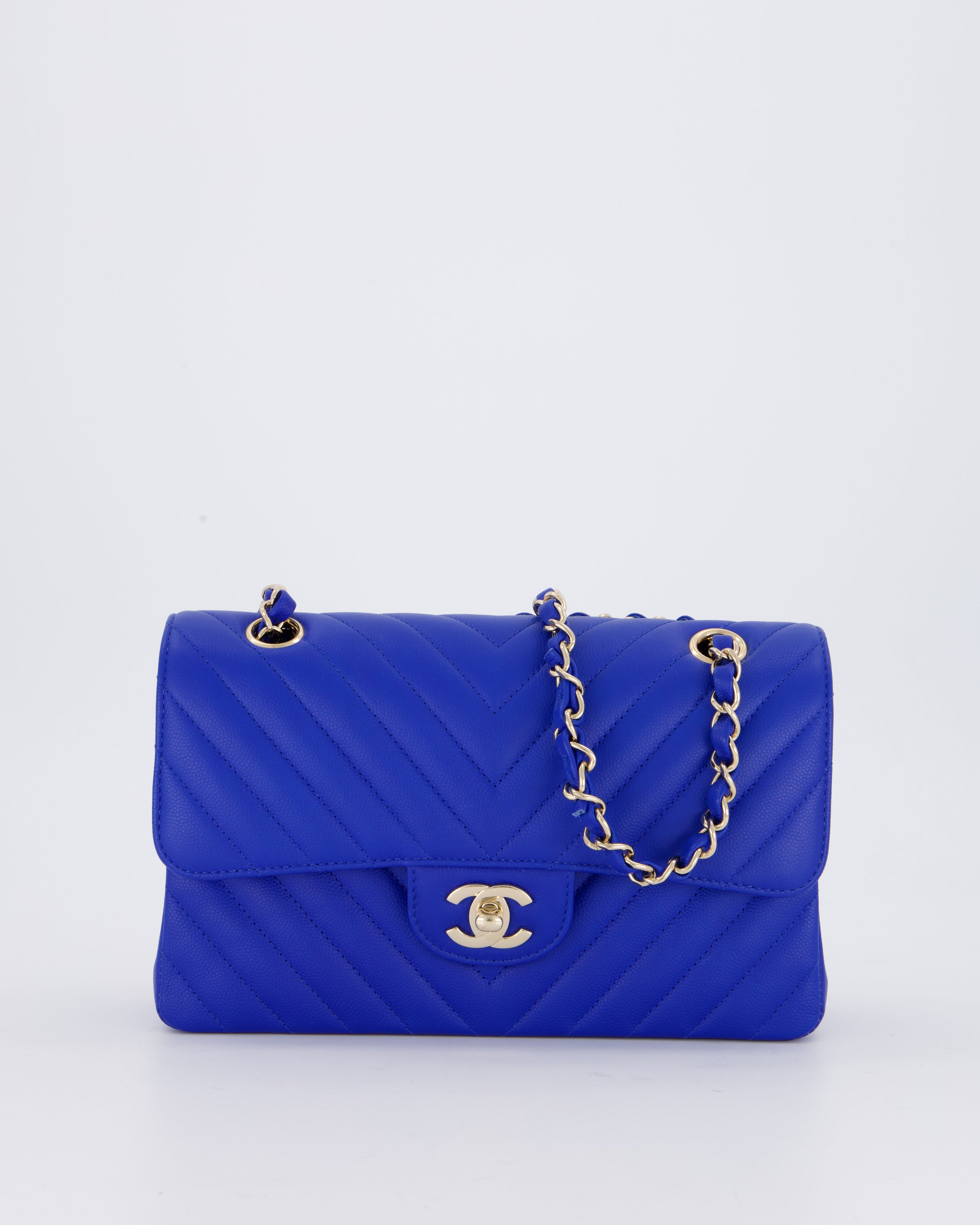 Chanel Small Classic Double Flap Bag in Electric Blue Chevron Caviar Leather with Champagne Gold Hardware