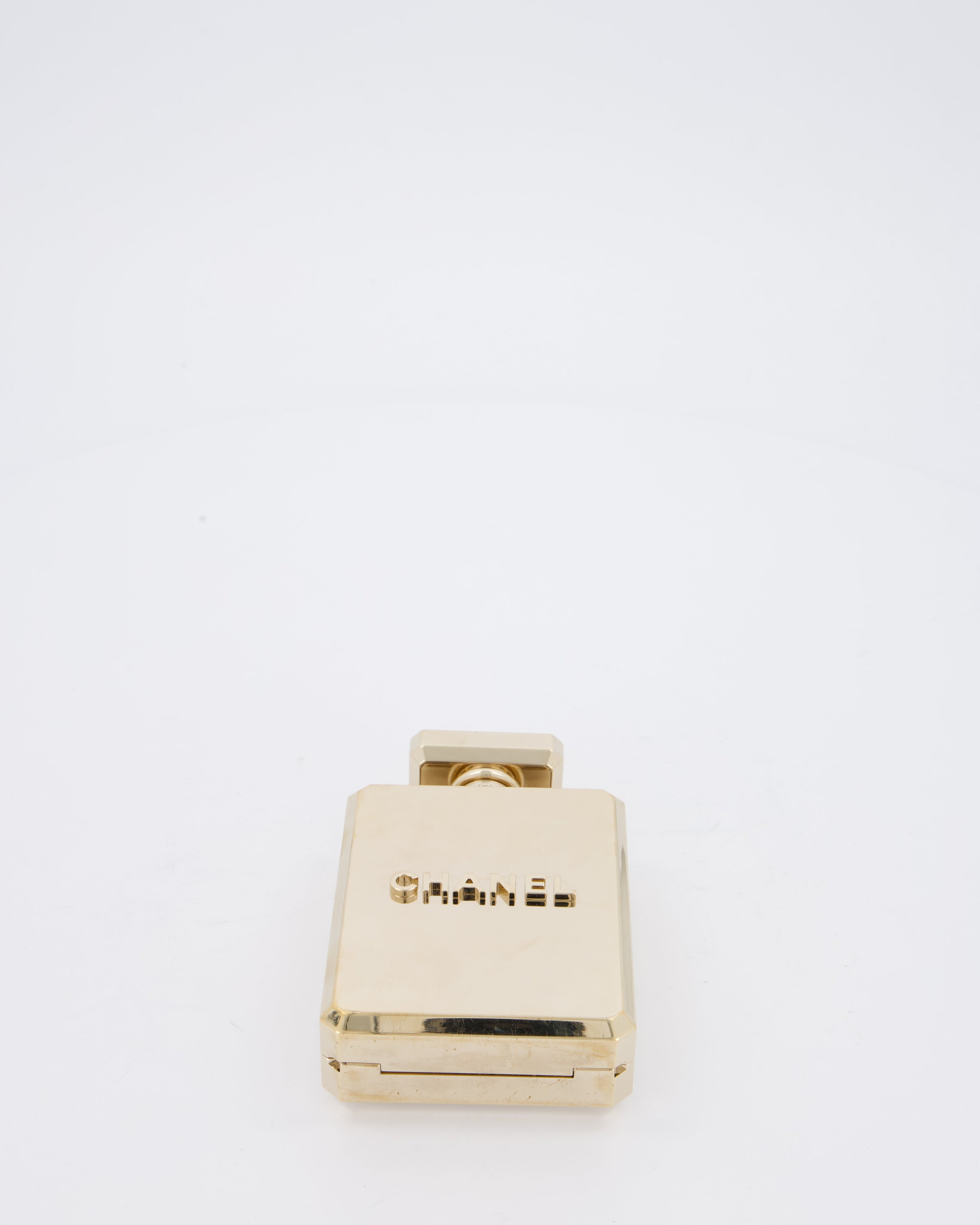 Chanel 2022 Gold Minaudière Perfume Bottle with Chanel CC Logo and Letter Details