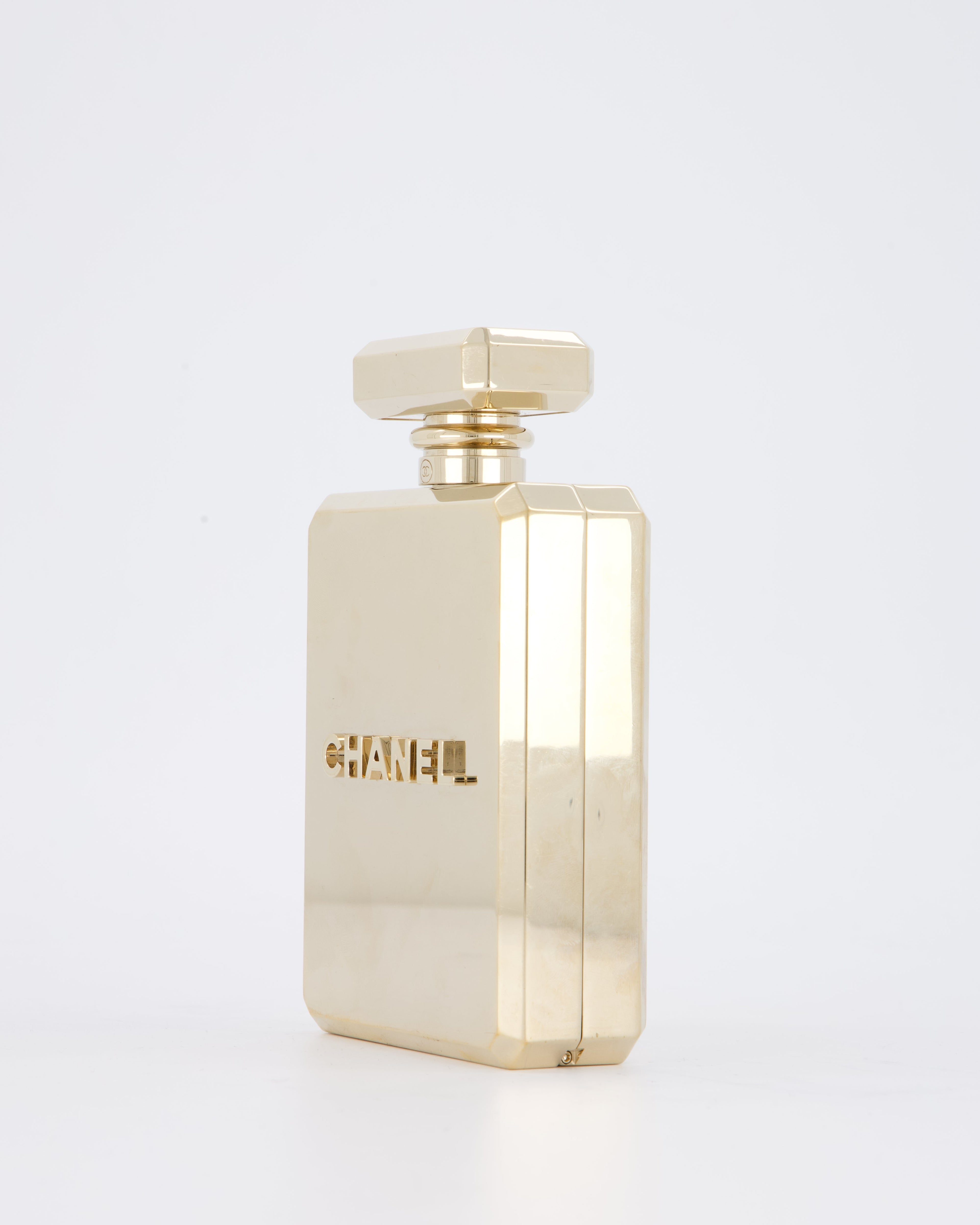 Chanel 2022 Gold Minaudière Perfume Bottle with Chanel CC Logo and Letter Details