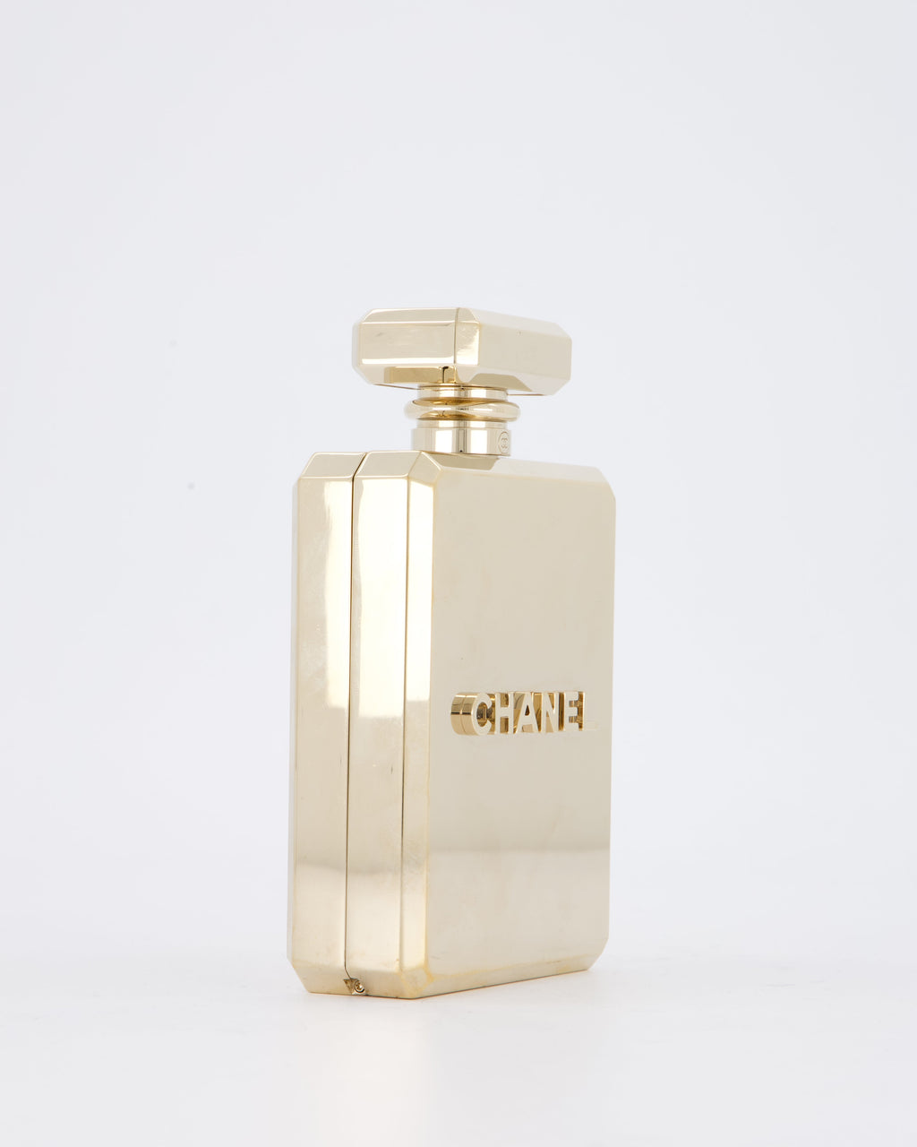 Chanel 2022 Gold Minaudière Perfume Bottle with Chanel CC Logo and Letter Details