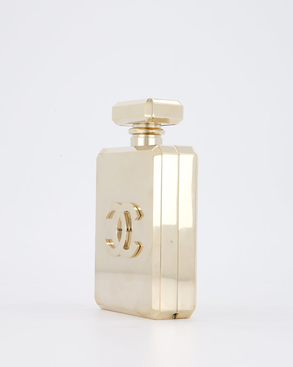 Chanel 2022 Gold Minaudière Perfume Bottle with Chanel CC Logo and Letter Details