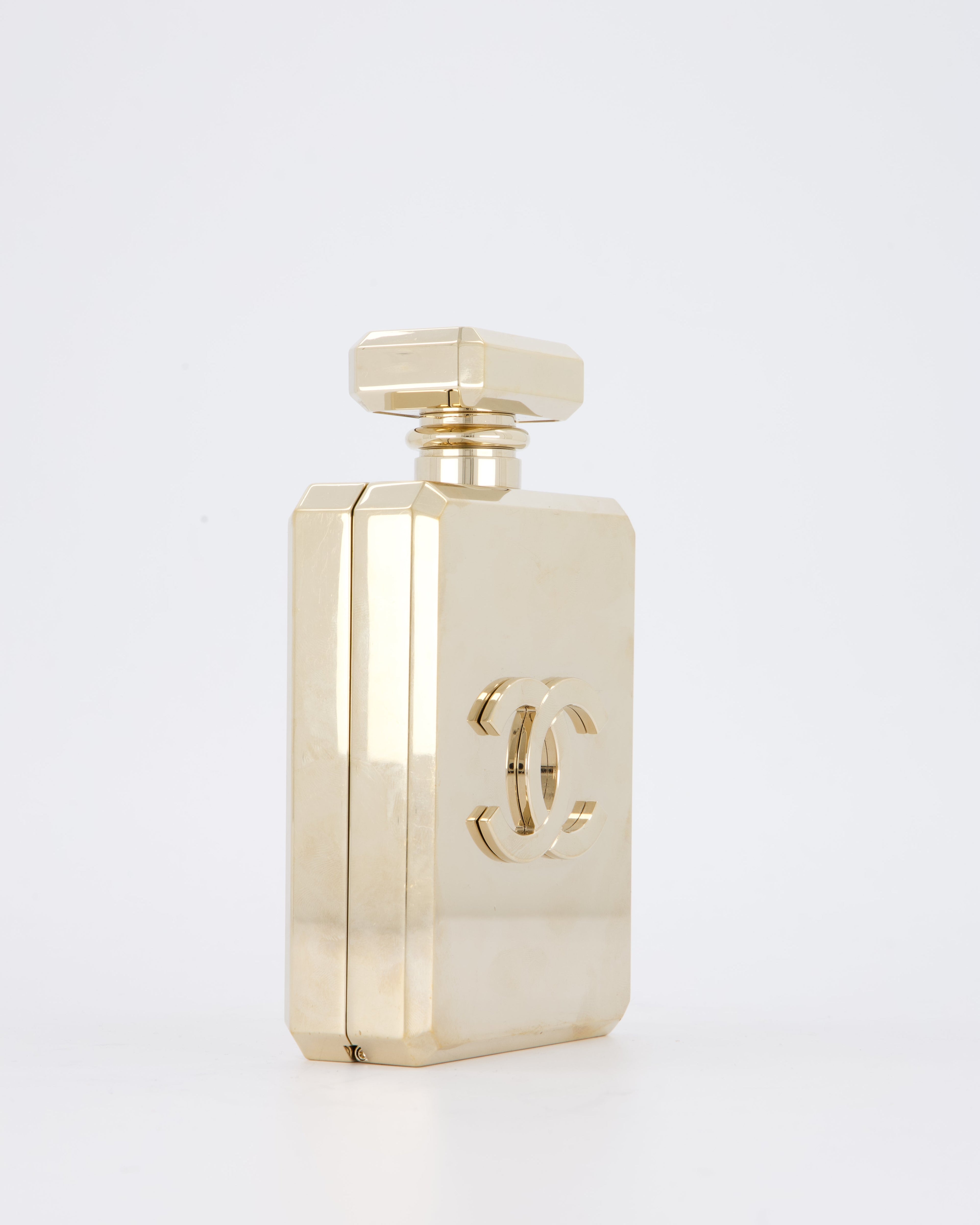 Chanel 2022 Gold Minaudière Perfume Bottle with Chanel CC Logo and Letter Details