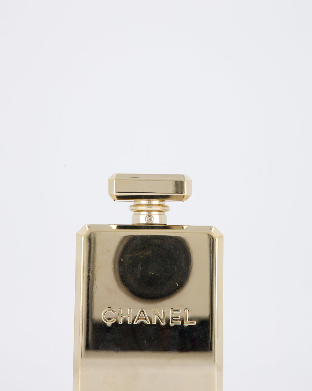 Chanel 2022 Gold Minaudière Perfume Bottle with Chanel CC Logo and Letter Details