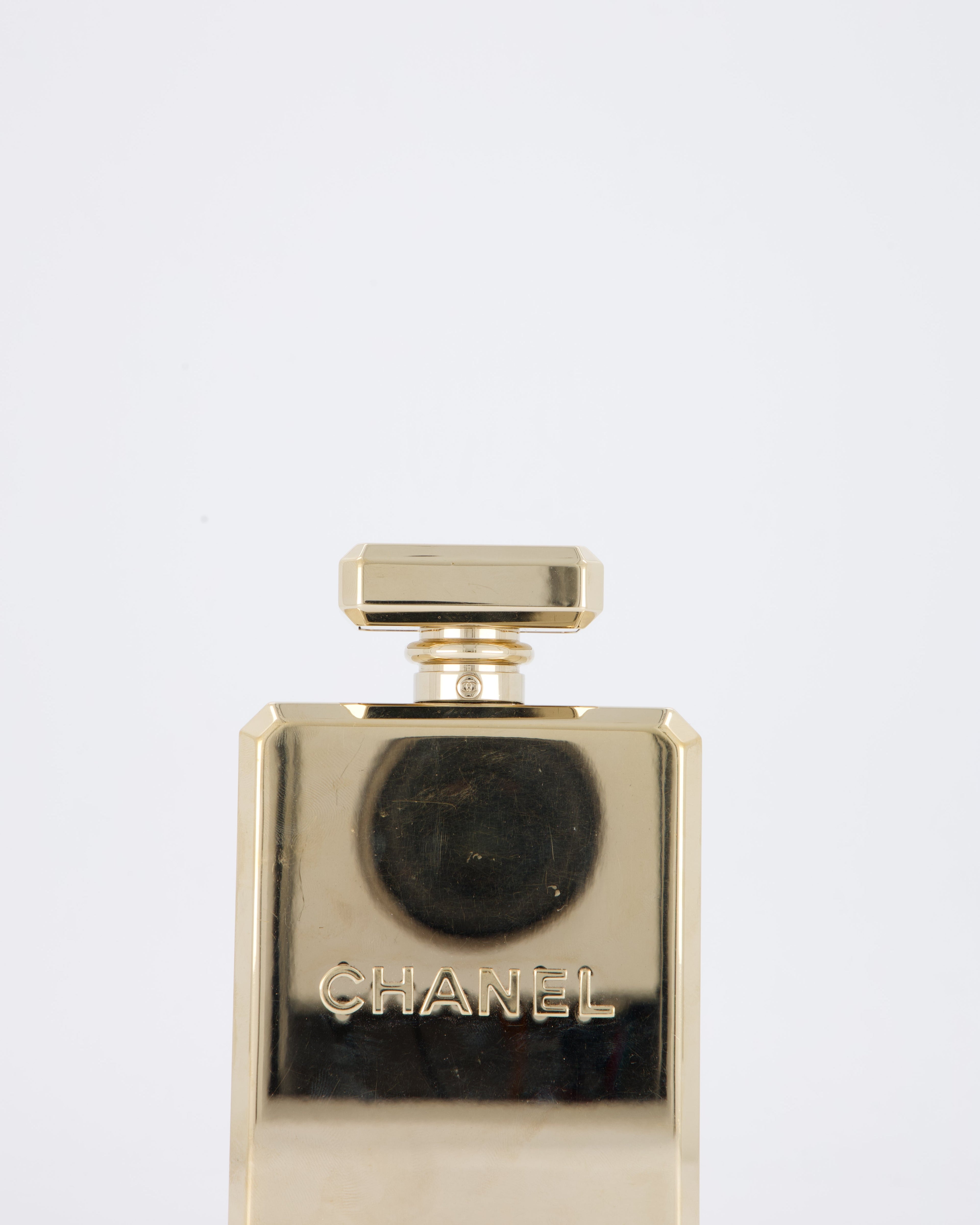 Chanel 2022 Gold Minaudière Perfume Bottle with Chanel CC Logo and Letter Details