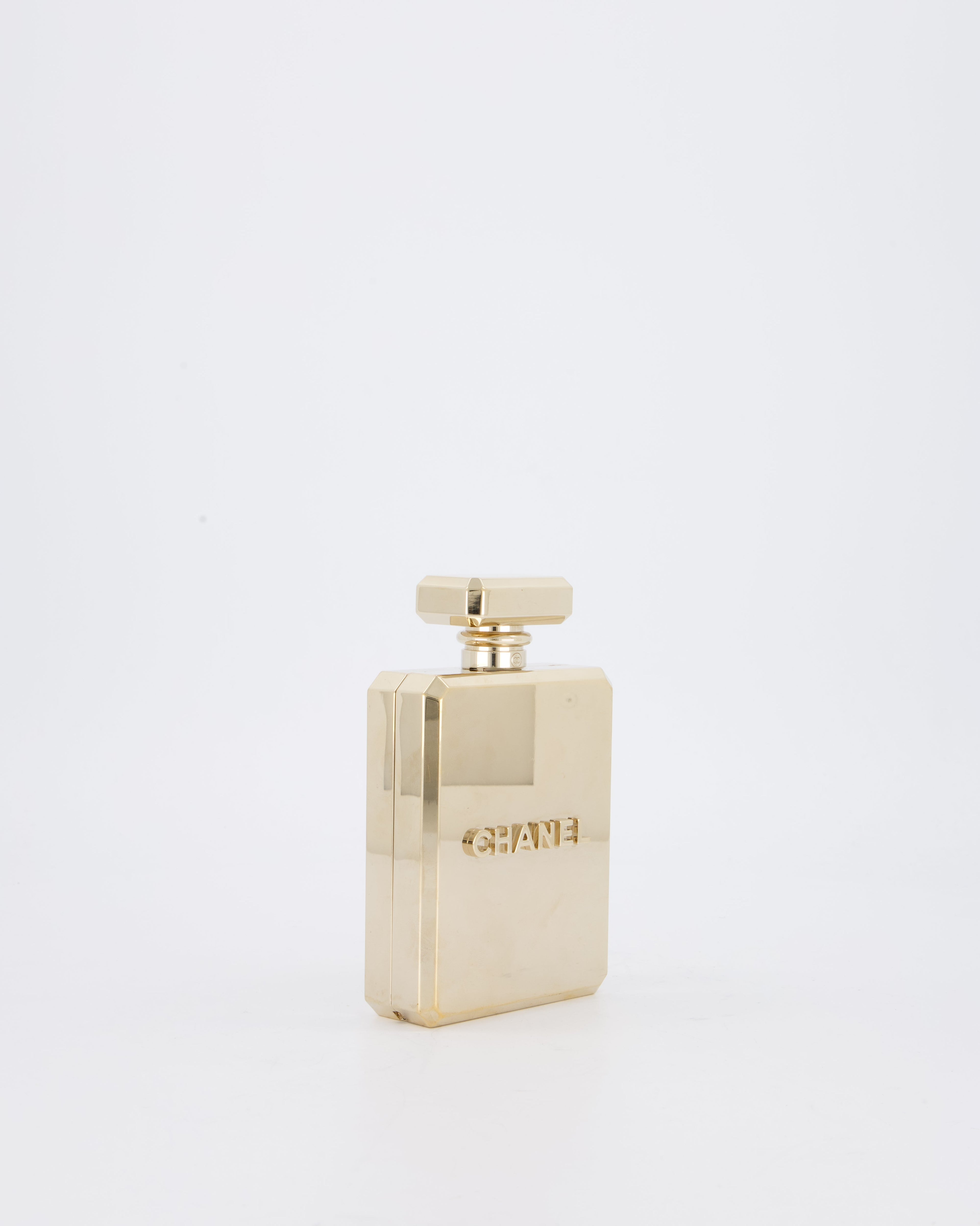 Chanel 2022 Gold Minaudière Perfume Bottle with Chanel CC Logo and Letter Details