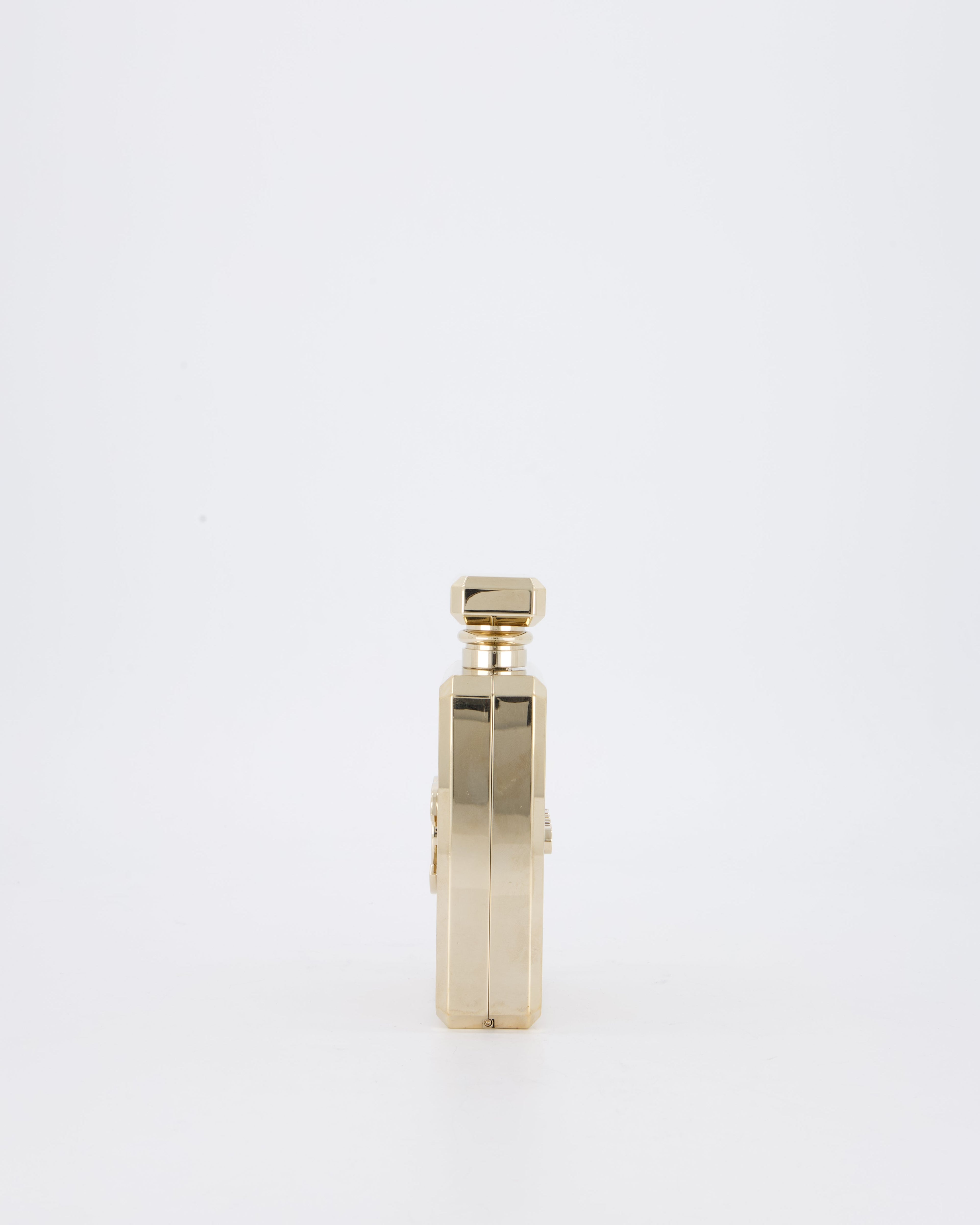 Chanel 2022 Gold Minaudière Perfume Bottle with Chanel CC Logo and Letter Details